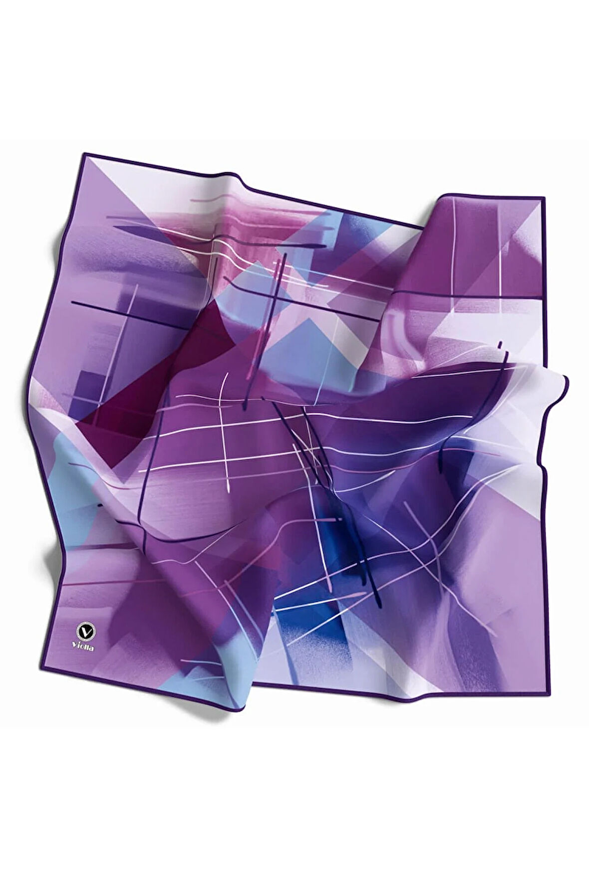 Kristal Geometrik Desenli Mor Renkli 90x90 Eşarp (İpek İçermez) Kenar Dikiş Şekli El Dikişli