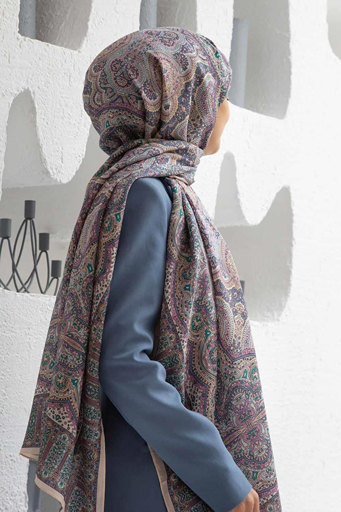 100% İpek Etnik Desenli Pudra - Gül Kurusu Renkli 92x210 Şal