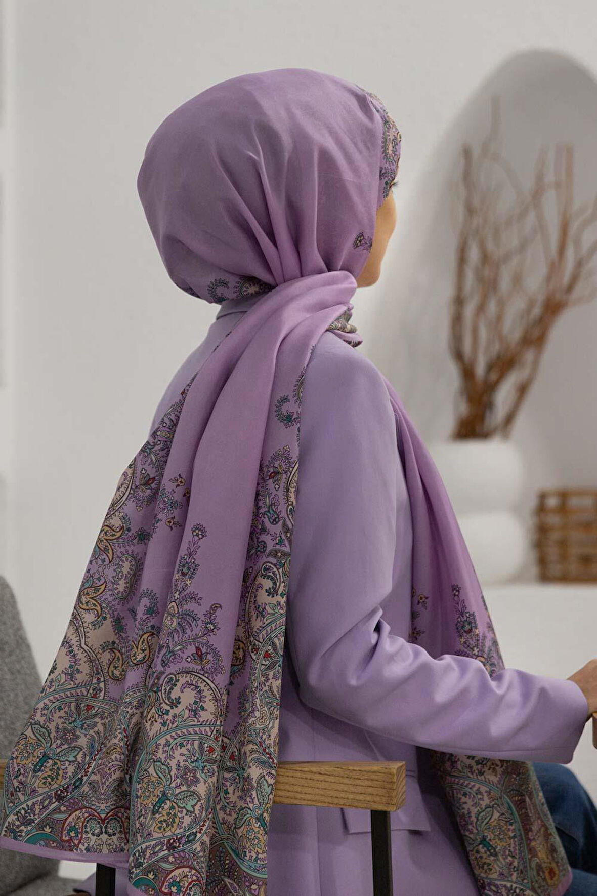 %100 İpek Etnik Desenli Pembe - Bej Renkli 92x210 Şal