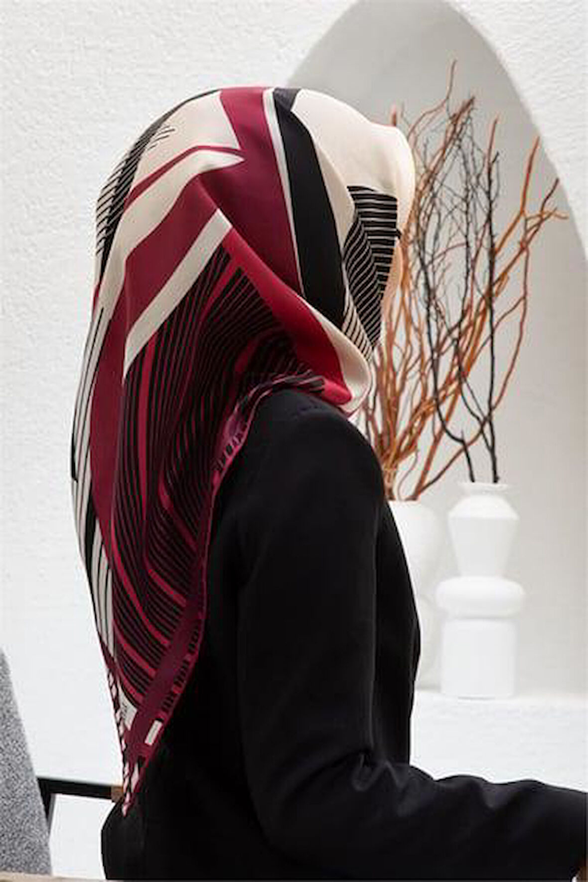 Vissona Tivil İpek Eşarp 60780 - 7 - 0017 - 0003 Bordo Kırmızı Çizgi Desen