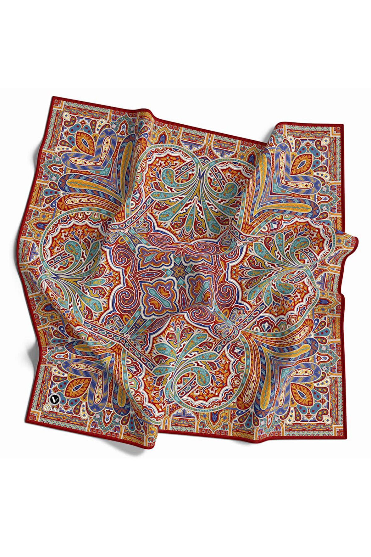 Kristal Şal Desenli Bordo - İndigo Renkli 90x90 Eşarp (İpek İçermez) Kenar Dikiş Şekli El Dikişli