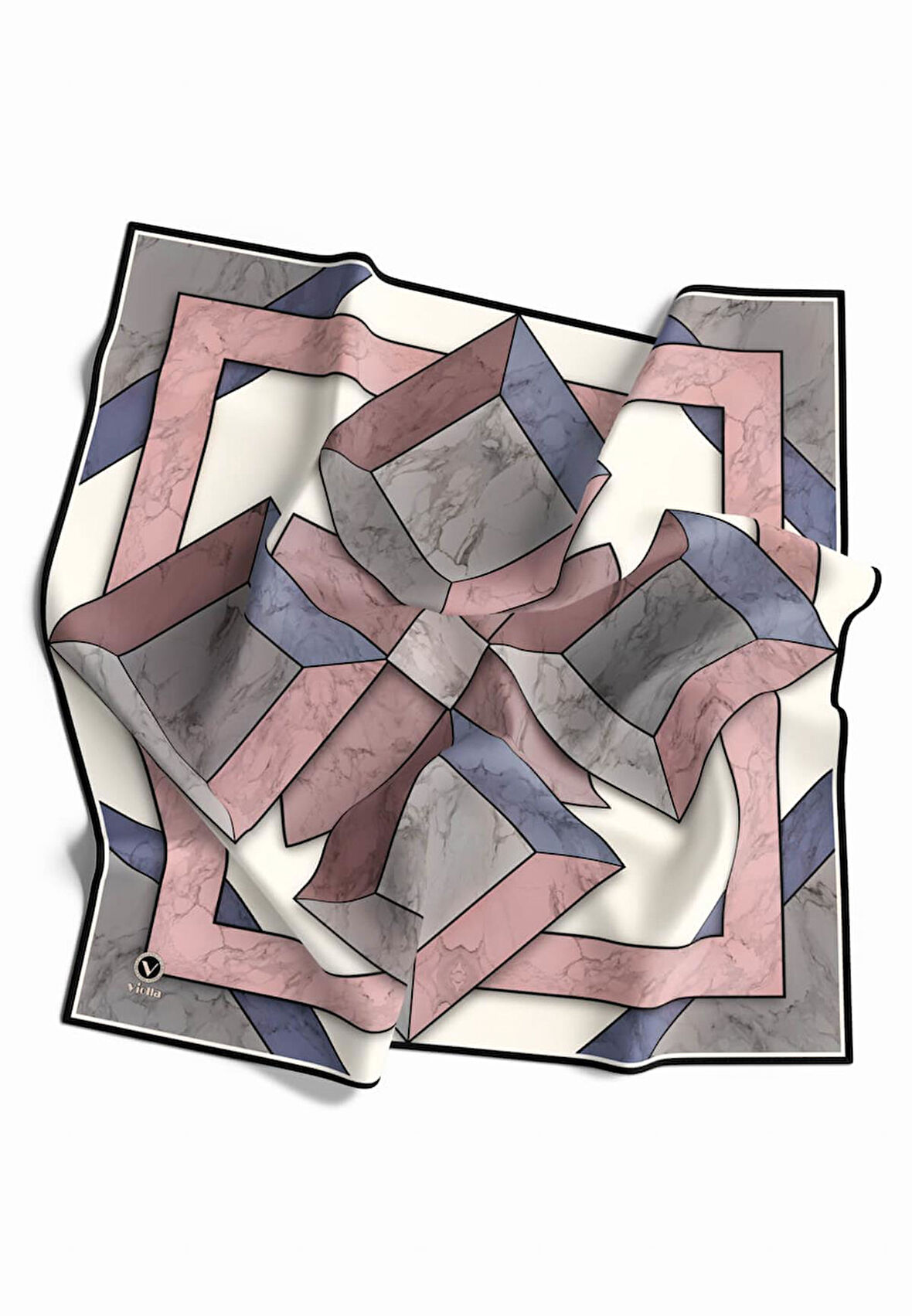 Kristal Mermer Desenli Pudra - Bebe Mavisi Renkli 90x90 Eşarp (İpek İçermez) Kenar Dikiş Şekli El Dikişli