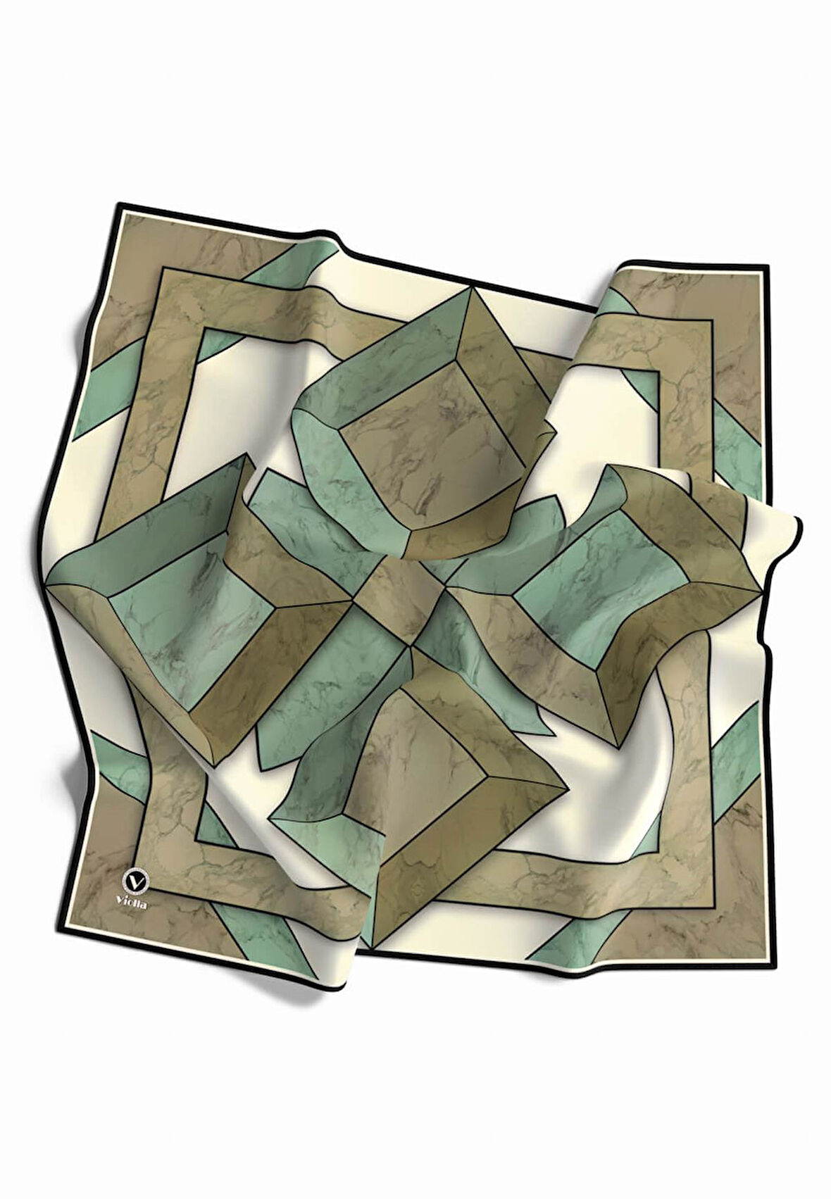 Kristal Mermer Desenli Mint Yeşili - Haki Renkli 90x90 Eşarp (İpek İçermez) Kenar Dikiş Şekli El Dikişli