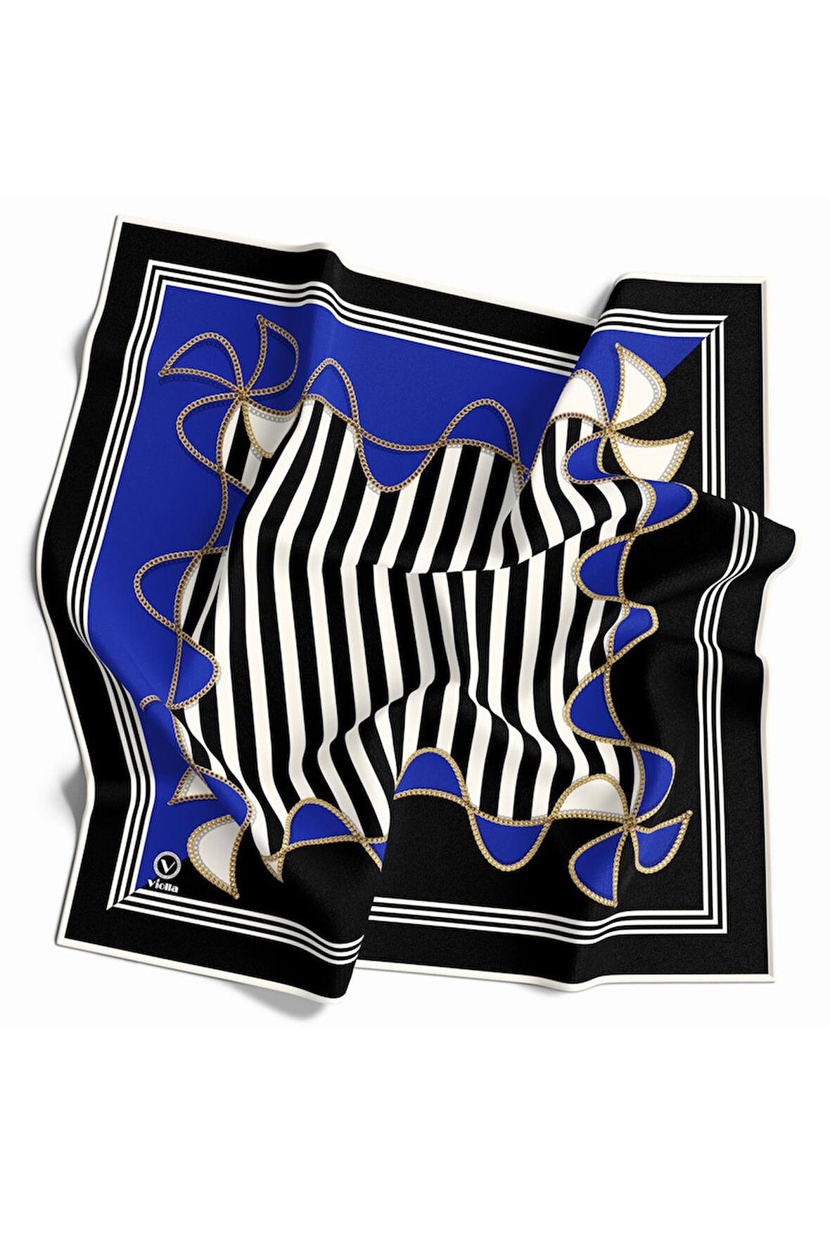 Kristal Geometrik Desenli Siyah - Saks Renkli 90x90 Eşarp (İpek İçermez) Kenar Dikiş Şekli El Dikişli