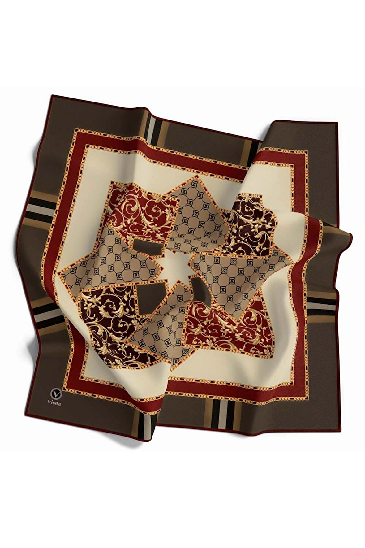 Kristal Ekoseli Gold Desenli Vizon - Bordo Renkli 90x90 Eşarp (İpek İçermez) Kenar Dikiş Şekli El Dikişli