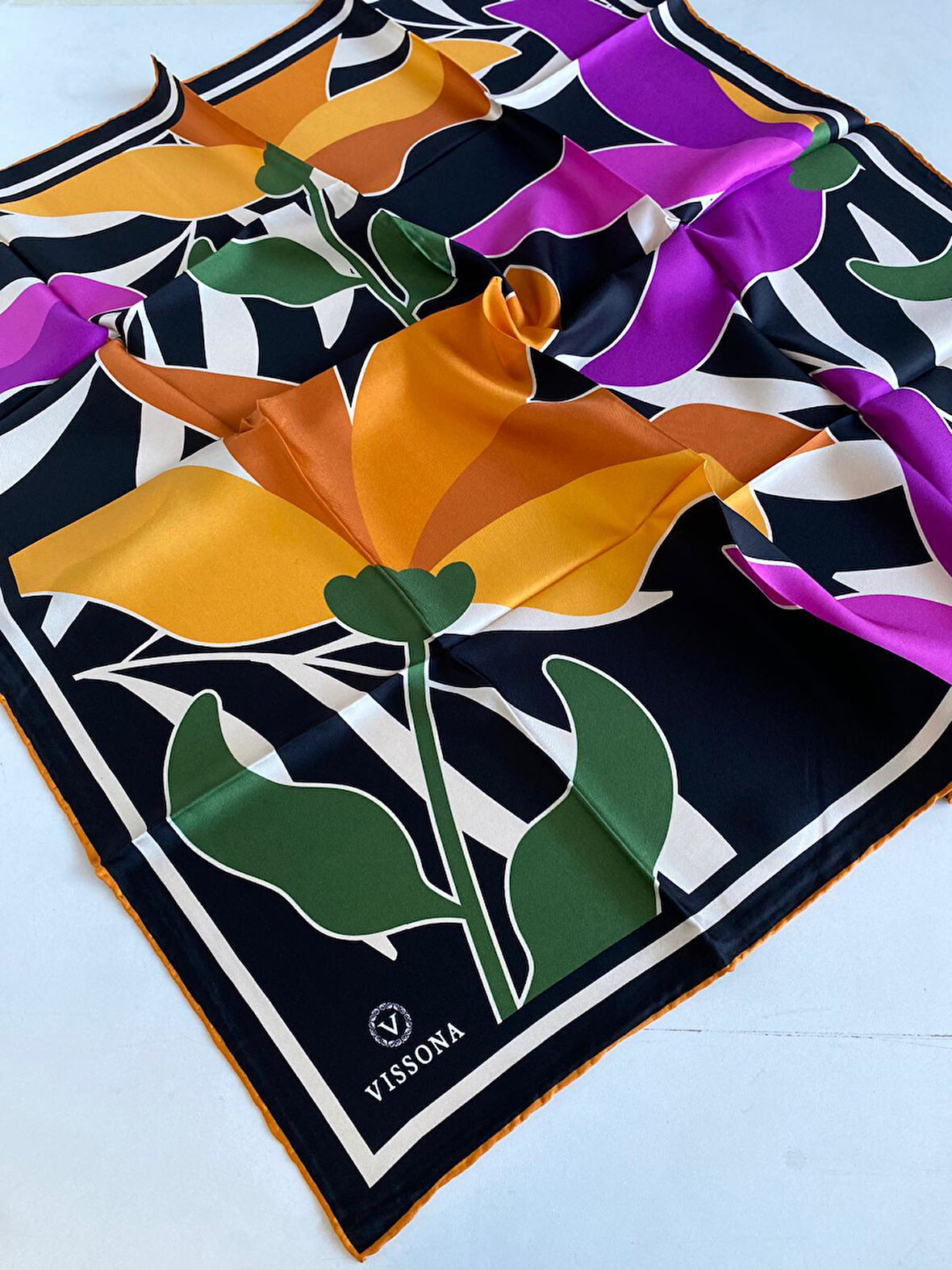 Vissona Tivil İpek Eşarp 60061-7-0024-0009 Siyah Karışık Desen