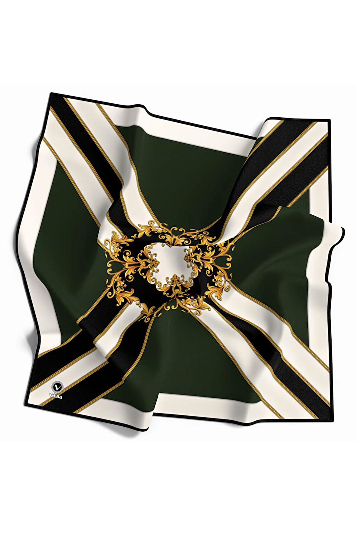 Kristal Barok Desenli Zümrüt Yeşili - Siyah Renkli 90x90 Dikim Şekli : El Dikişi Eşarp (İpek İçermez)