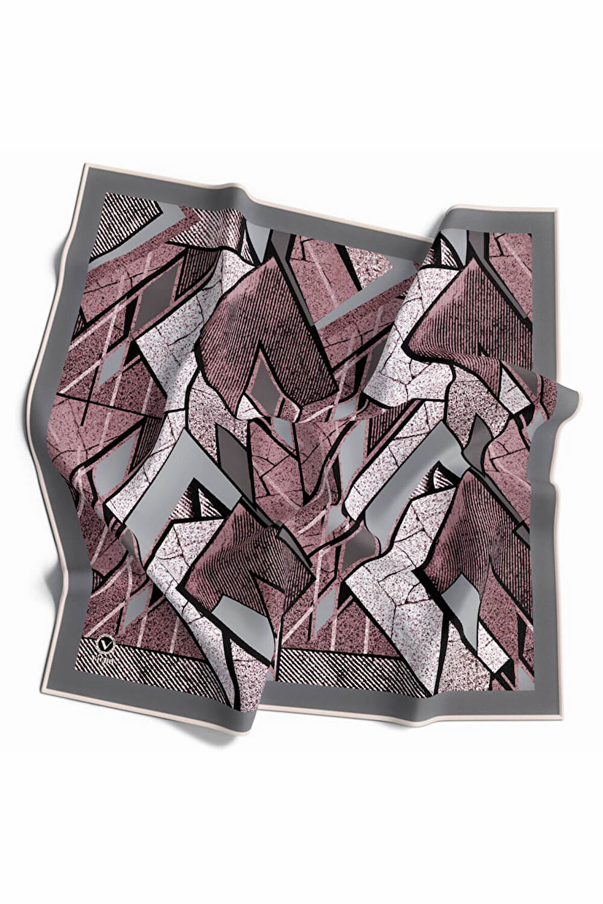 Kristal Geometrik Desenli Gri - Pudra Renkli 90x90 Eşarp (İpek İçermez) Kenar Dikiş Şekli El Dikişli