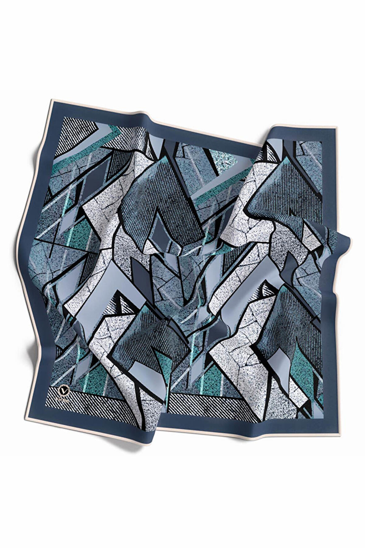 Kristal Geometrik Desenli İndigo Renkli 90x90 Eşarp (İpek İçermez) Kenar Dikiş Şekli El Dikişli