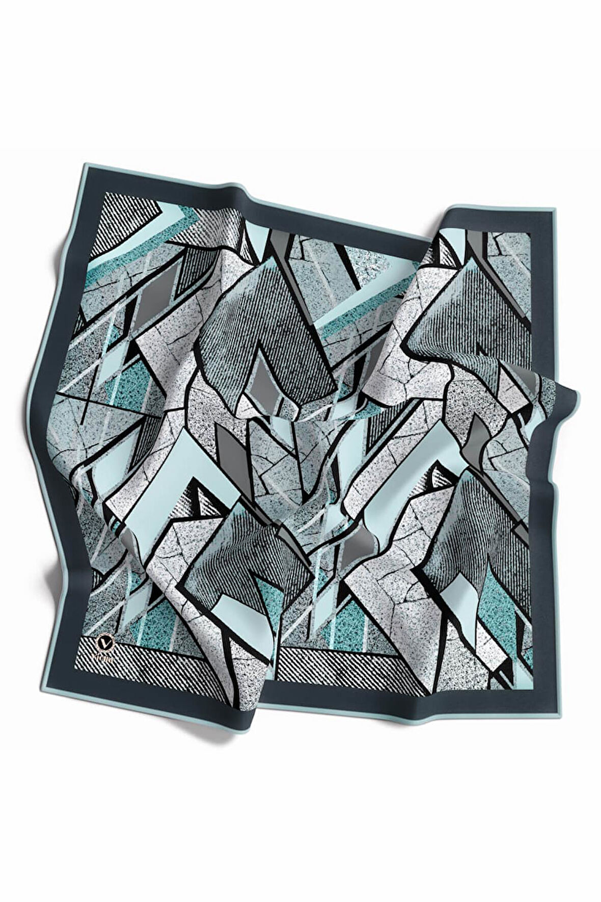 Kristal Geometrik Desenli Turkuaz Renkli 90x90 Eşarp (İpek İçermez) Kenar Dikiş Şekli El Dikişli