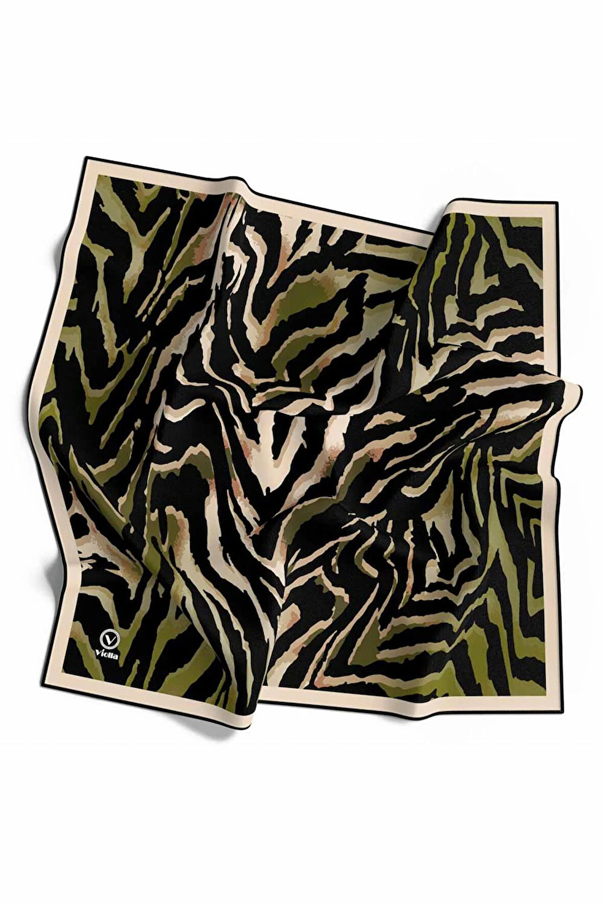 Kristal Zebra Desenli Haki - Siyah Renkli 90x90 Eşarp (İpek İçermez) Kenar Dikiş Şekli El Dikişli