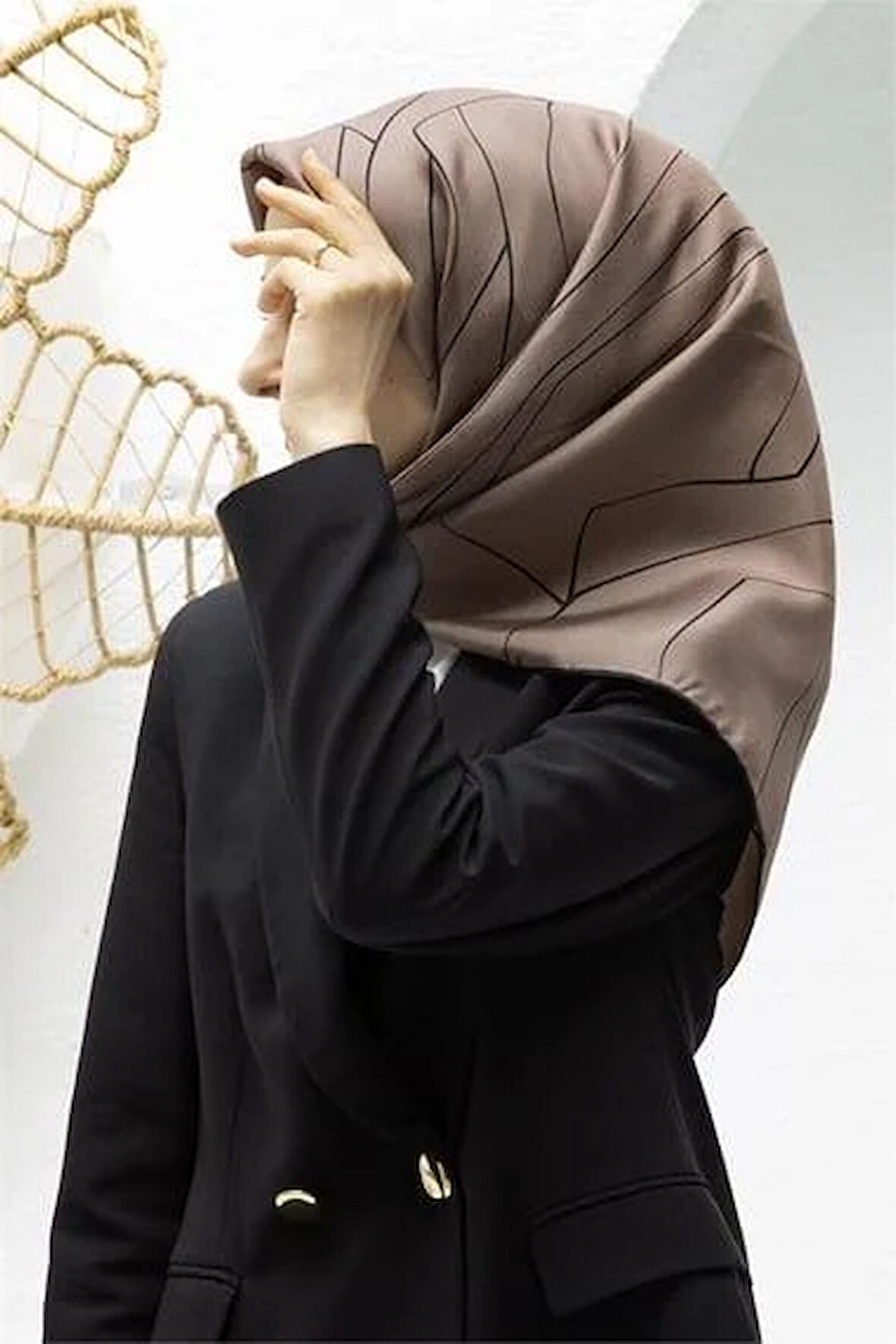 Vissona Tivil İpek Eşarp 60801 - 6 - 0005 - 0001 Vizon Siyah Çizgi Desen