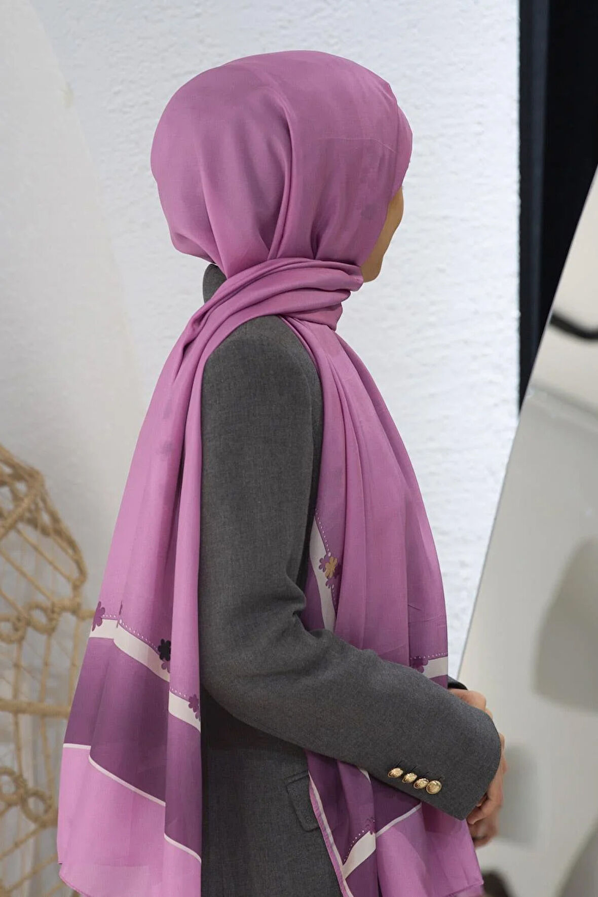 %100 İpek Çiçek Desenli Pembe Renkli 92x210 Şal