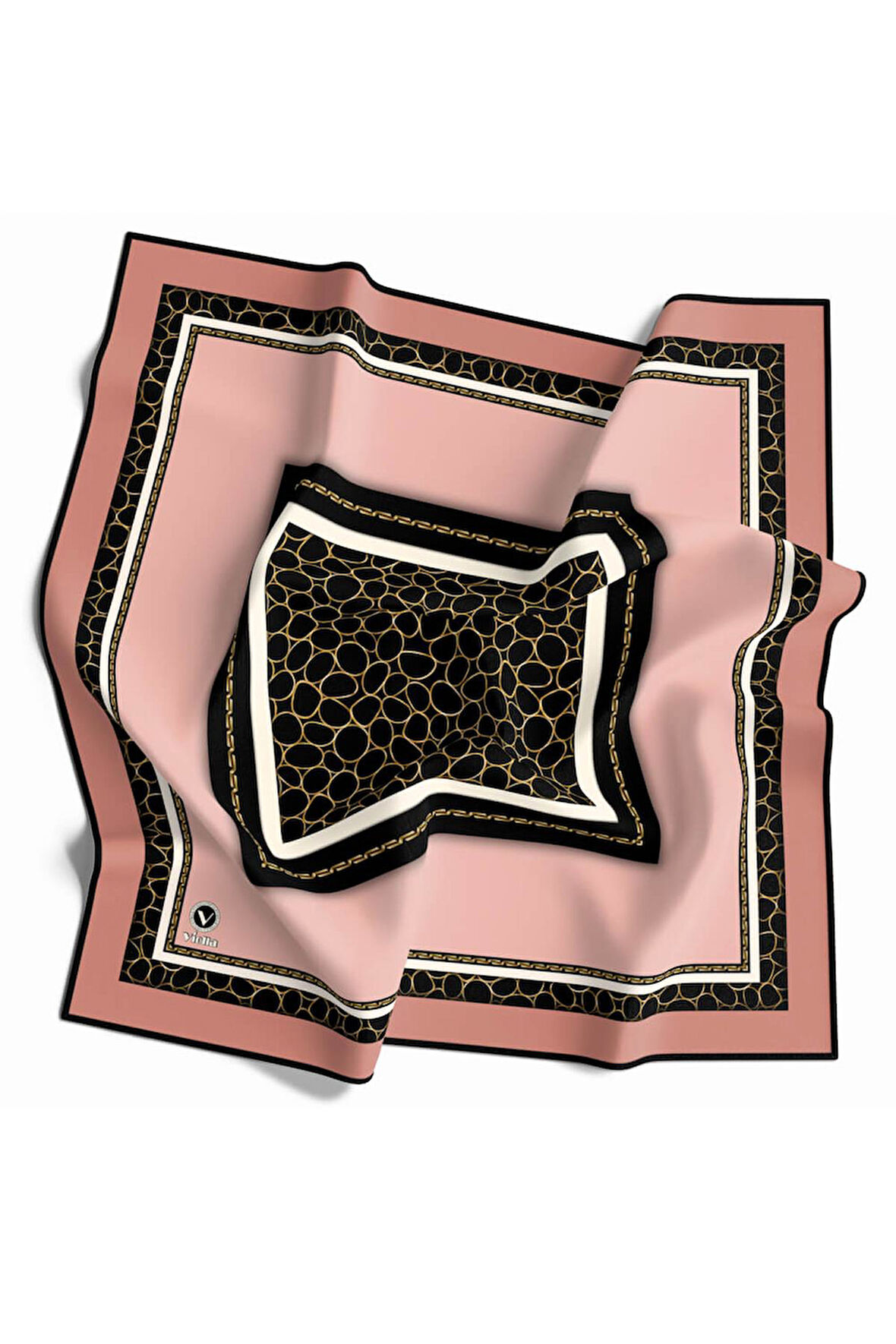 Twill Zincir Desenli Somon - Siyah Renkli 90x90 Eşarp (İpek İçermez) Kenar Dikiş Şekli El Dikişli