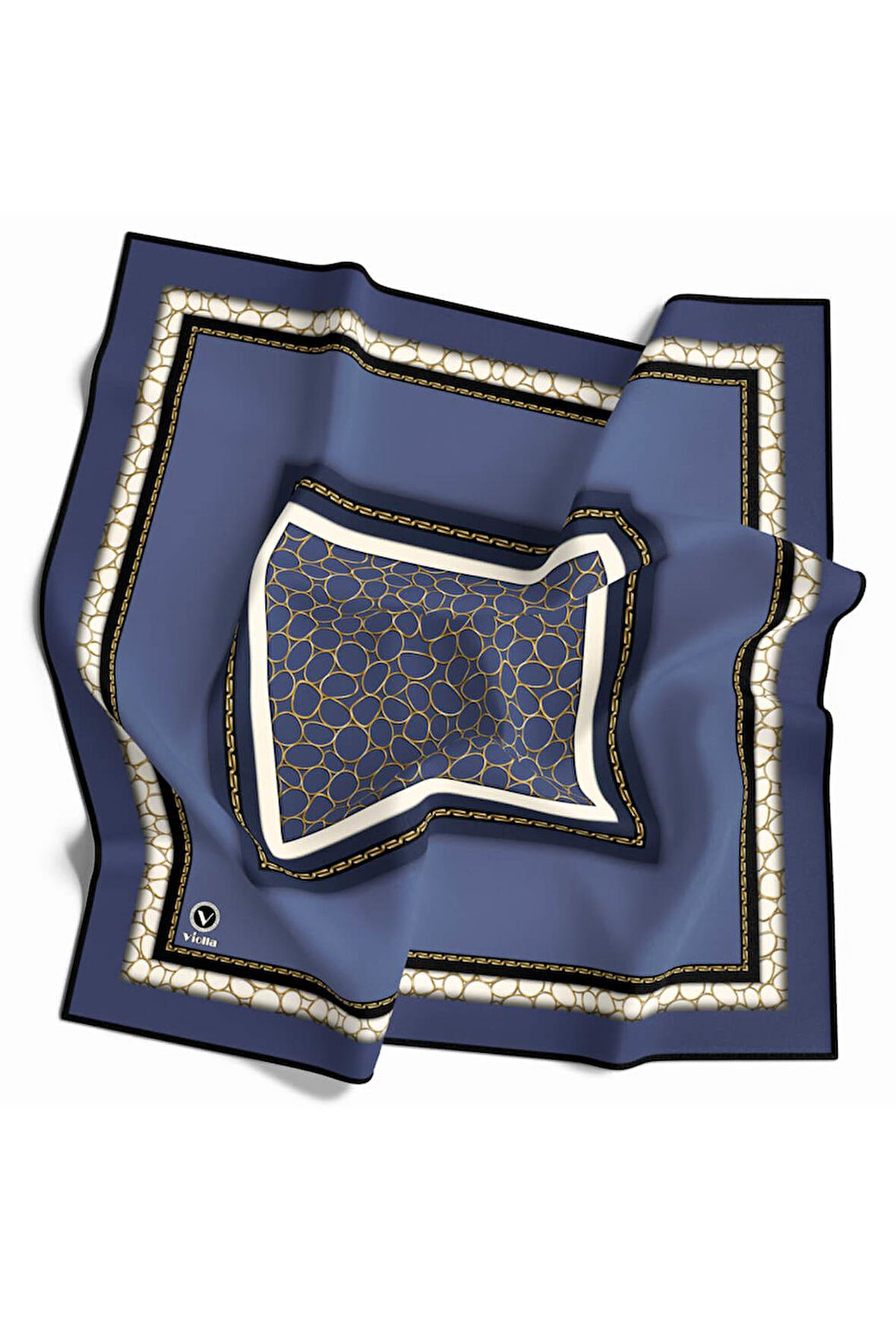 Twill Zincir Desenli İndigo Renkli 90x90 Eşarp (İpek İçermez) Kenar Dikiş Şekli El Dikişli