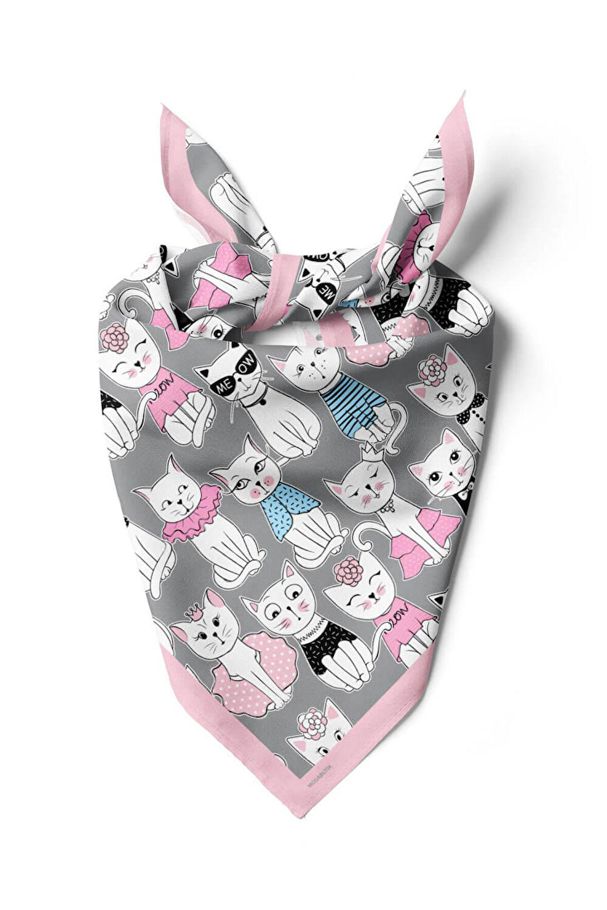 B85 Kadın Kedi Desenli Bandana 50x50 Siyah Beyaz Pembe DG0411-22 Snz