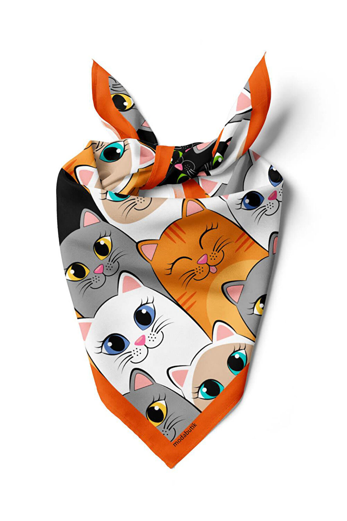 B88 Kadın Kedi Desenli Bandana 50x50 Gri Sarı DG0397-22