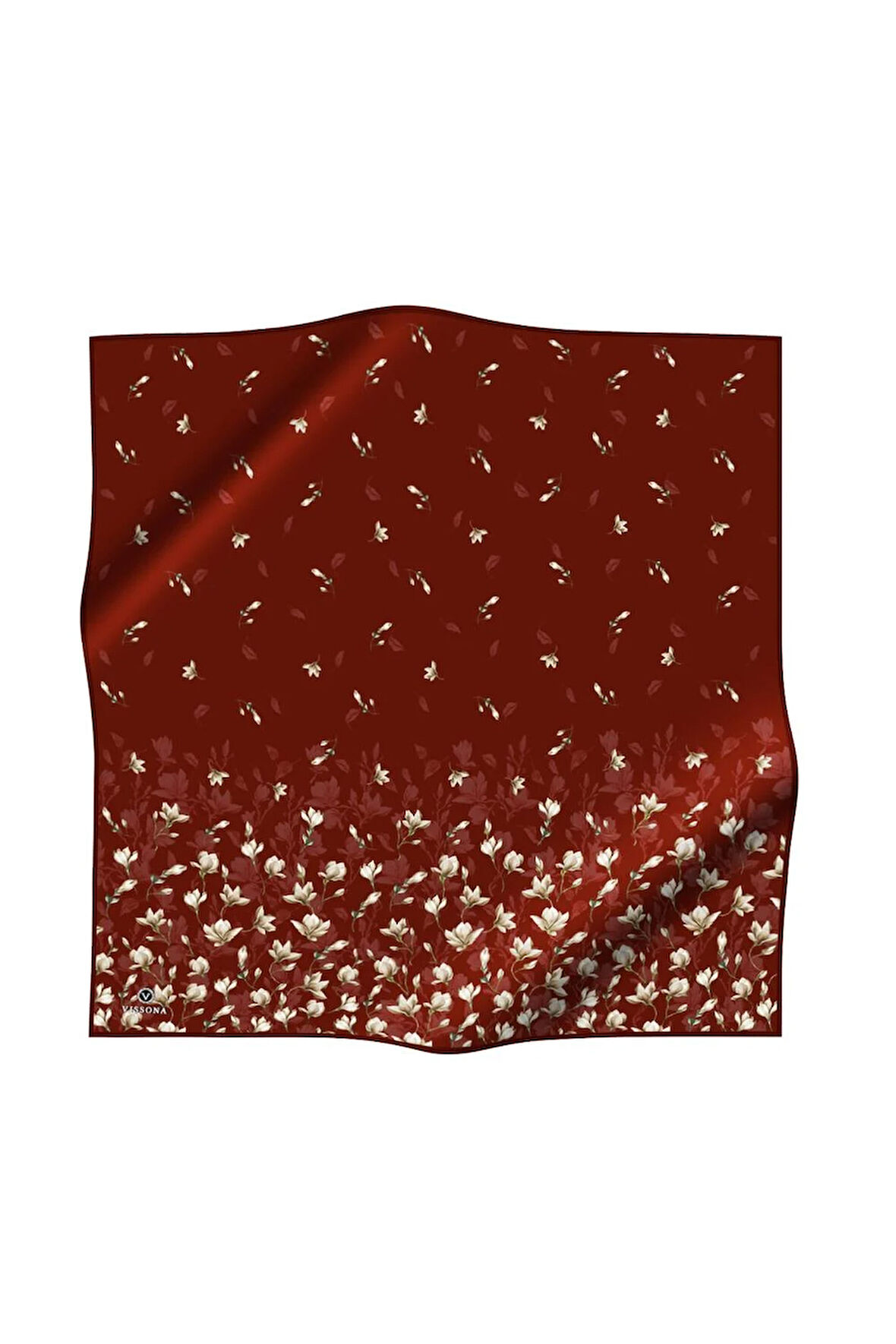 % 57 İPEK % 43 VİSKON Twill İpek Çiçek Desenli Bordo Renkli 90x90 Eşarp Dikim Şekli : El Dikişi