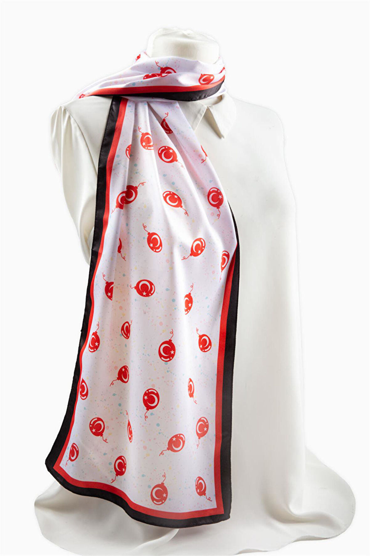 Modabutik Beyaz Ay Yıldız Desenli Fular