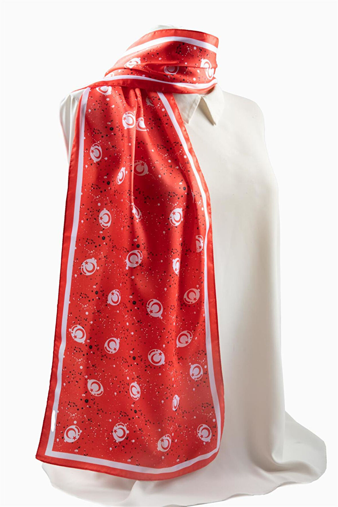 Modabutik Kırmızı Ay Yıldız Desenli Fular