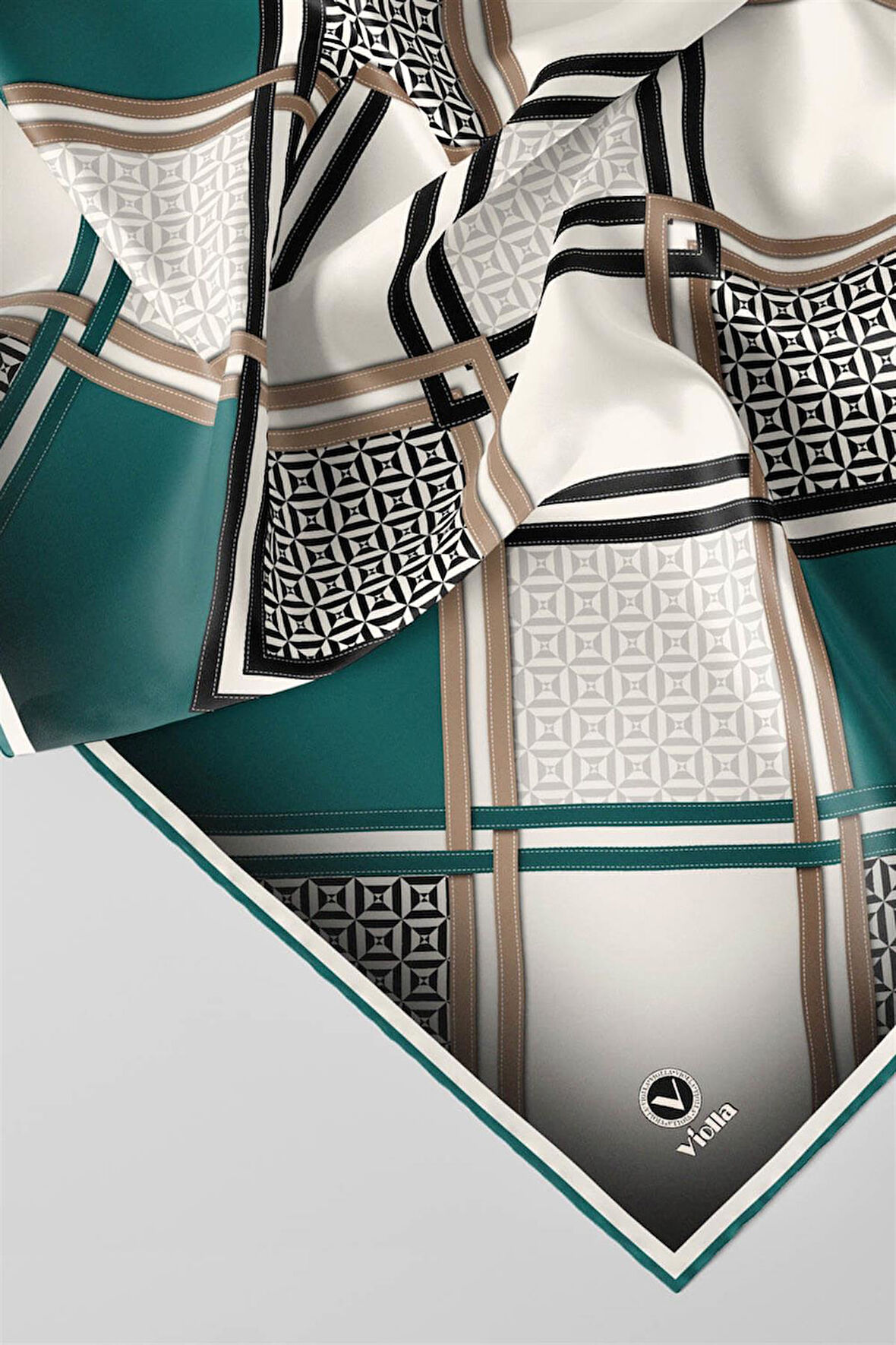 Twill Geometrik Desenli Petrol Yeşilii Renkli 90x90 Eşarp (İpek İçermez) Kenar Dikiş Şekli El Dikişli