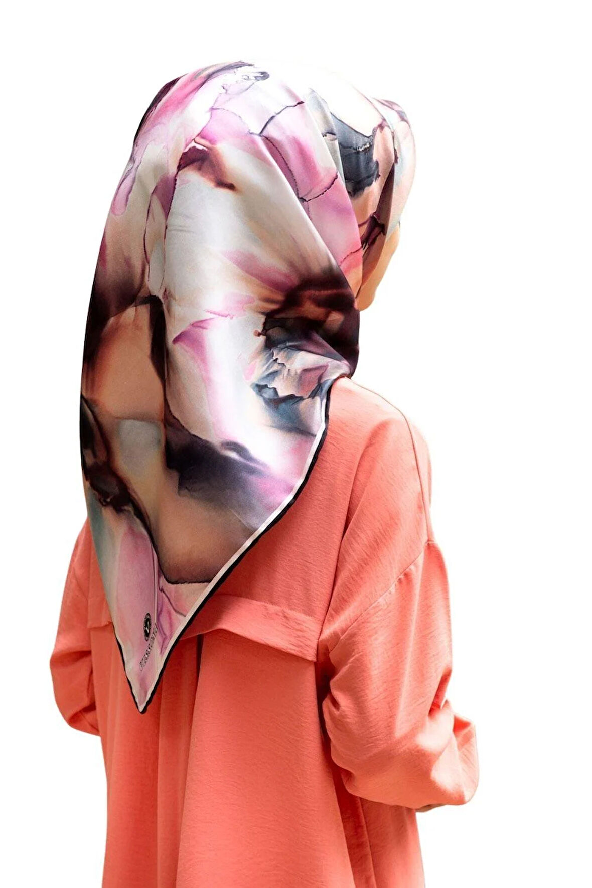 % 57 İPEK % 43 VİSKON Twill İpek Batik Çiçek Desenli Somon - Lila Renkli 90x90 Eşarp Kenar Dikiş Şekli El Dikişli