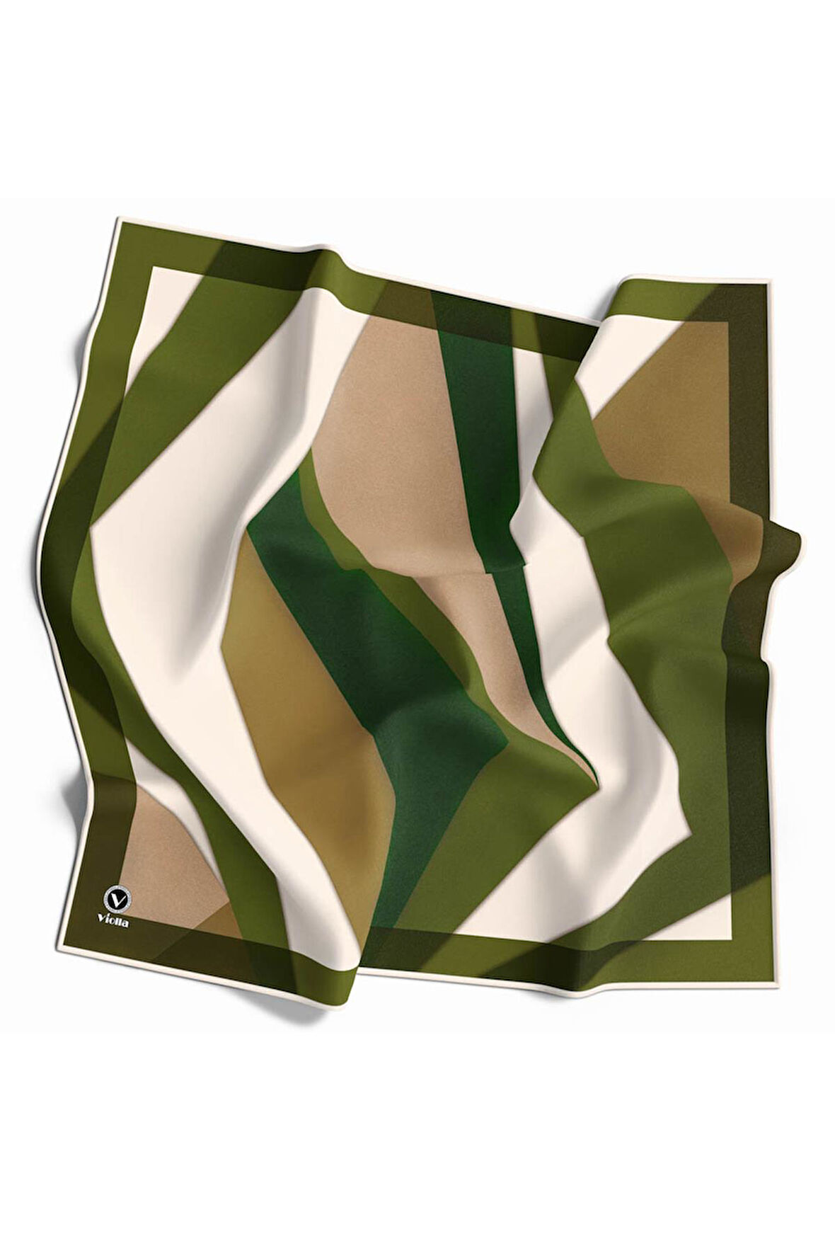 Twill Geometrik Desenli Haki Renkli 90x90 Eşarp (İpek İçermez) Dikim Şekli : El Dikişi