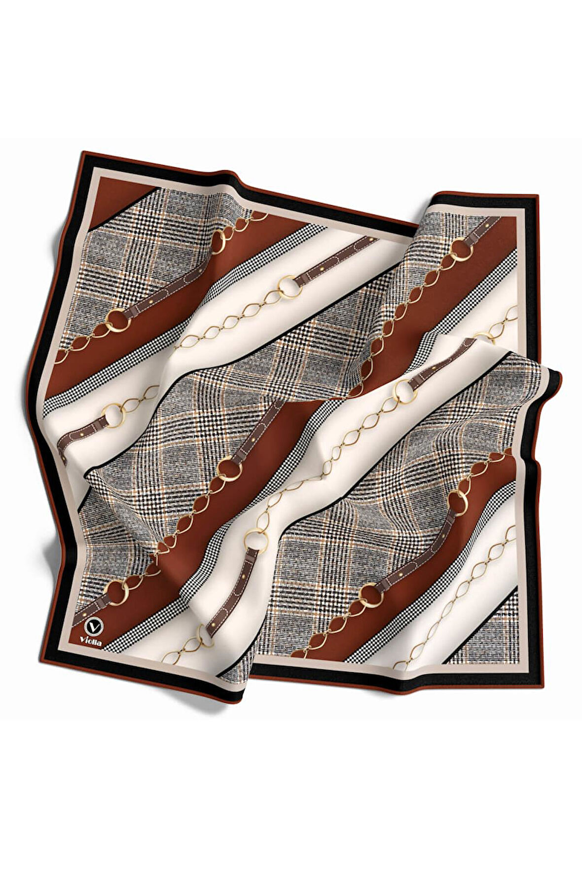 Twill Kemer Desenli Taba Renkli 90x90 Eşarp (İpek İçermez) Kenar Dikiş Şekli El Dikişli