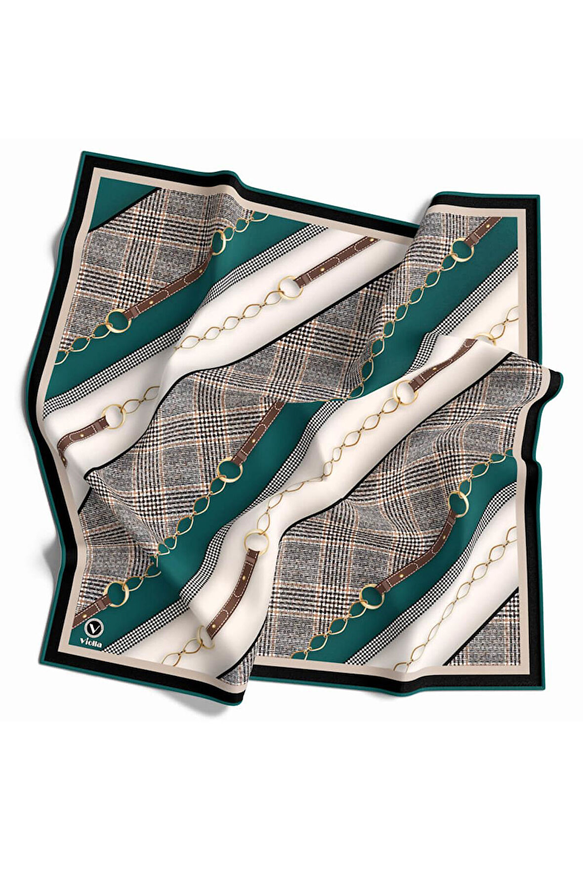 Twill Kemer Desenli Petrol Yeşili Renkli 90x90 Eşarp (İpek İçermez) Kenar Dikiş Şekli El Dikişli