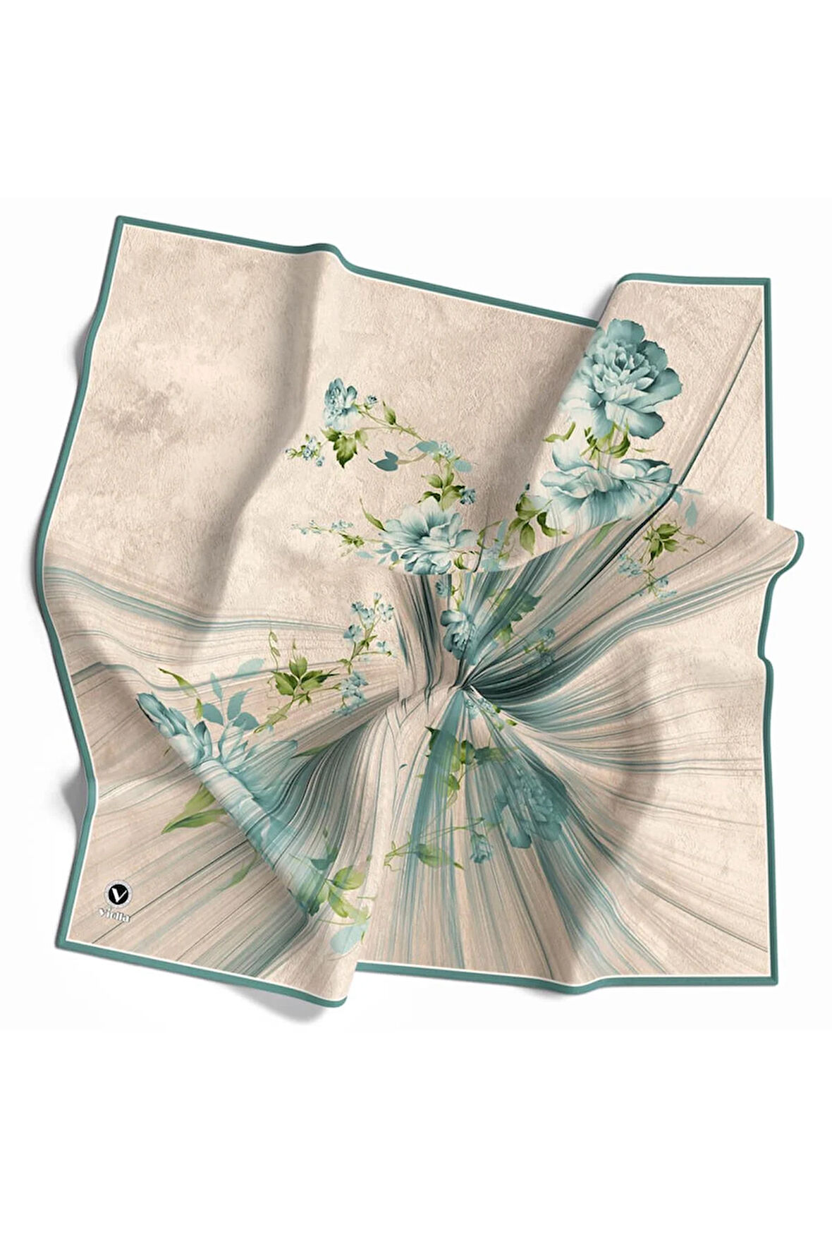 Twill Çiçekli Desenli Mint Yeşili Renkli 90x90 Eşarp (İpek İçermez) Kenar Dikiş Şekli El Dikişli