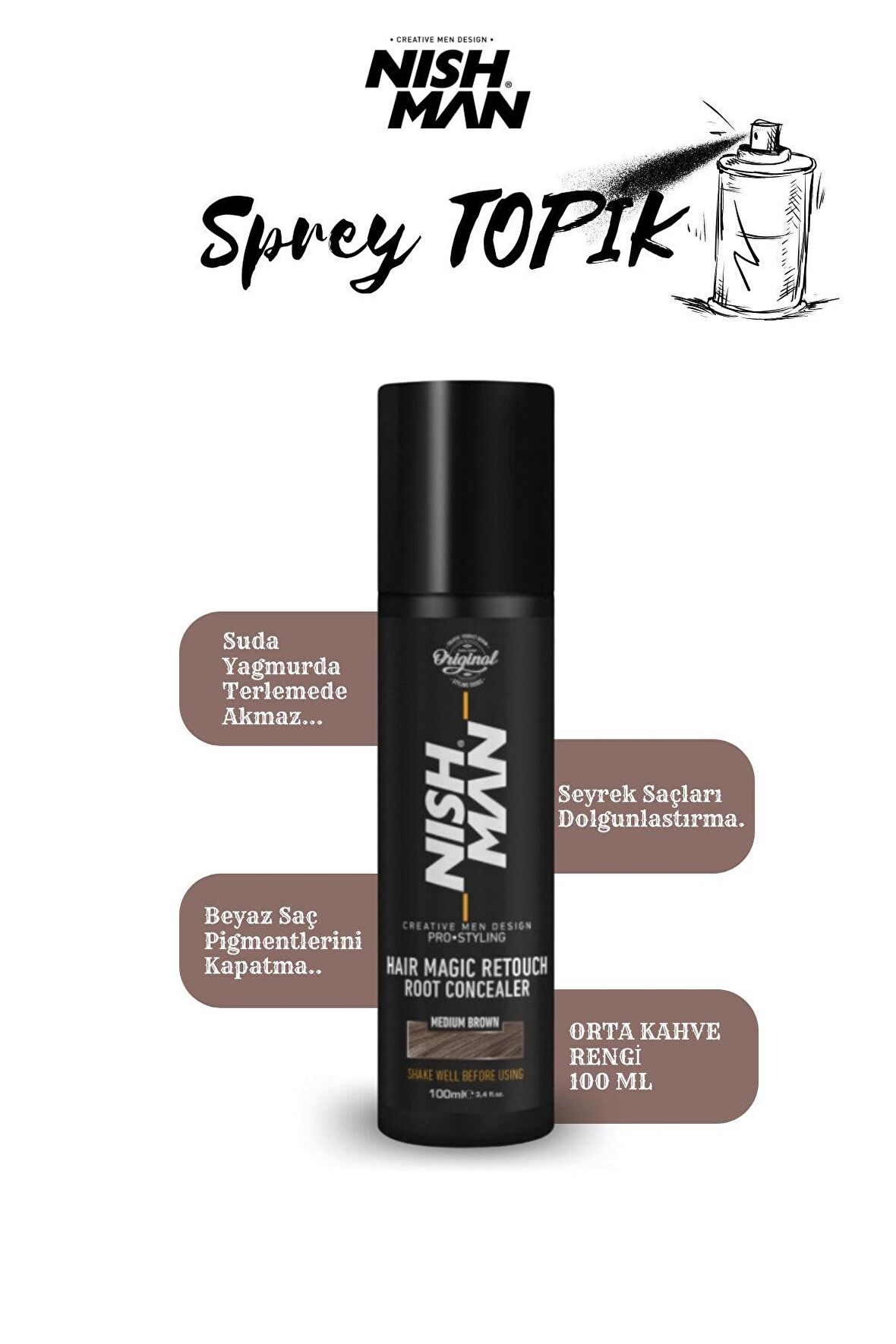 Root Touch Up Sprey / Saç Dolgunlaştırıcı Ve Seyrek Kapatıcı Sprey Topik/ Suda Yağmurda Akmaz 100 ml