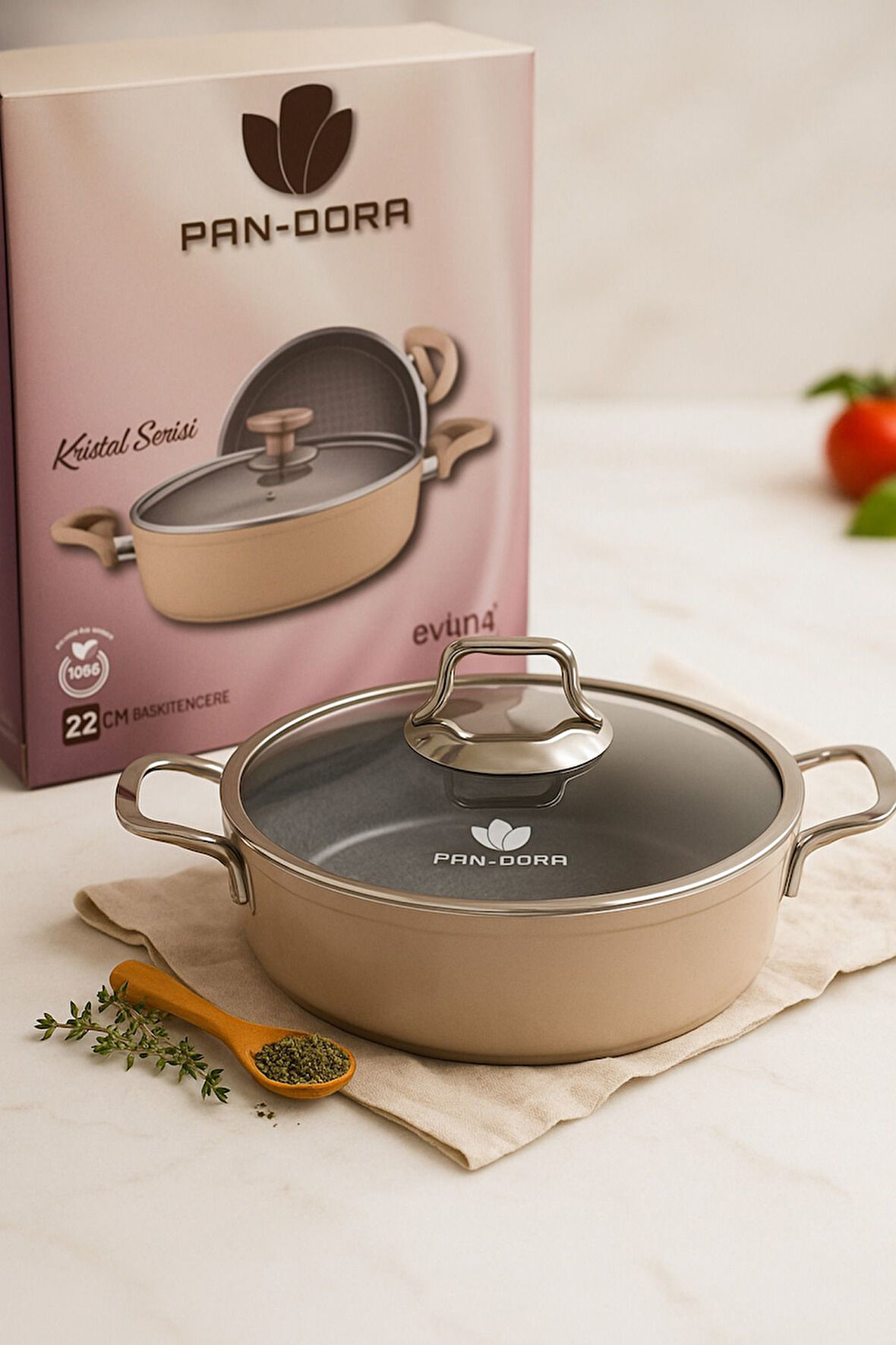 Evinda Pan-Dora 22 cm Kristal Döküm Basık Pilav Tenceresi – Yapışmaz, 1.Kalite-Yanmaz