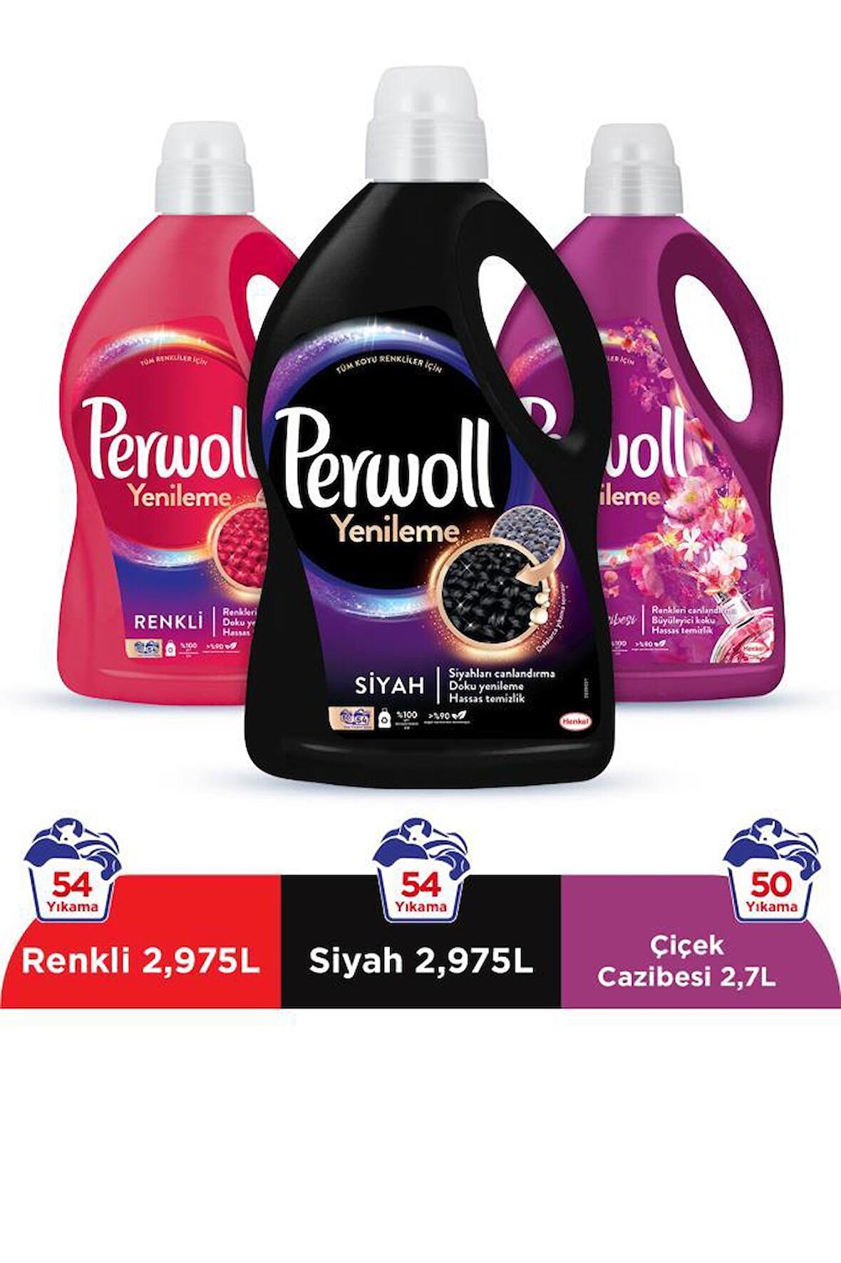 Perwoll Hassas Bakım Sıvı Çamaşır Deterjanı Siyah 2.97 L + Renkli 2.97 L + Çiçek Cazibesi 2.7 L