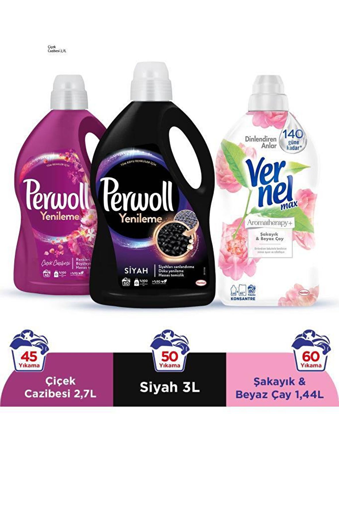 Perwoll Yenileme & Onarım Siyahlar İçin Sıvı Deterjan 3 lt 95 Yıkama & Perwoll Çiçek Cazibesi 2.7 lt + Vernel Şakayık Yumuşatıcı 1440 ml 