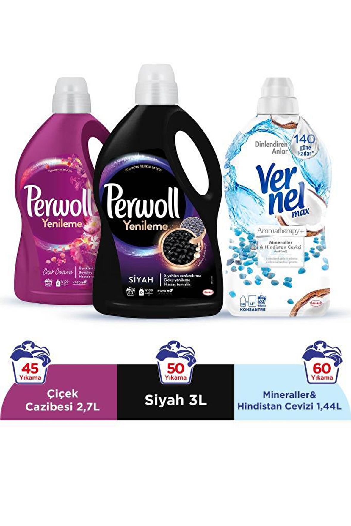 Perwoll Sıvı Çamaşır Deterjanı Siyah 2.97 L + Çiçek Cazibesi 2.7 L + Vernel Max Hindistan Cevizi 1440 ML