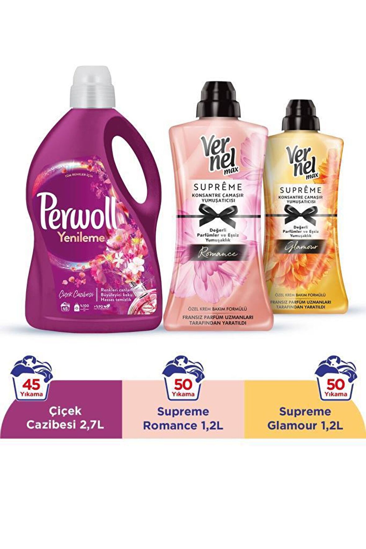 Perwoll Yenileme & Onarım Karma Renkler İçin Sıvı Deterjan 2.7 lt 45 Yıkama & Vernel Max Supreme Romance 1200 ml + Vernel Max Supreme Glamour 1200 ml 