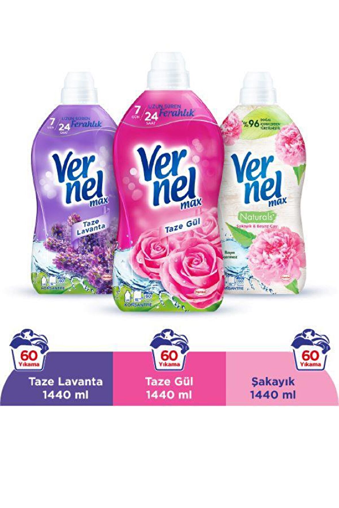 Vernel Max Naturals Taze Gül & Taze Lavanta & Şakayık & Beyaz Çay Beyazlar ve Renkliler İçin Konsantre Yumuşatıcı 3 x 1440 ml 180 Yıkama