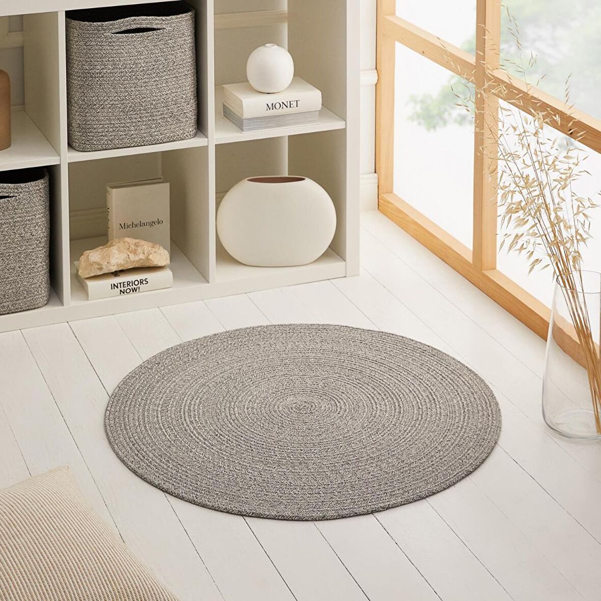 Ocean Home Yıkanabilir Gri Kırçıllı Pamuklu Halı Kilim 80 Cm Çap