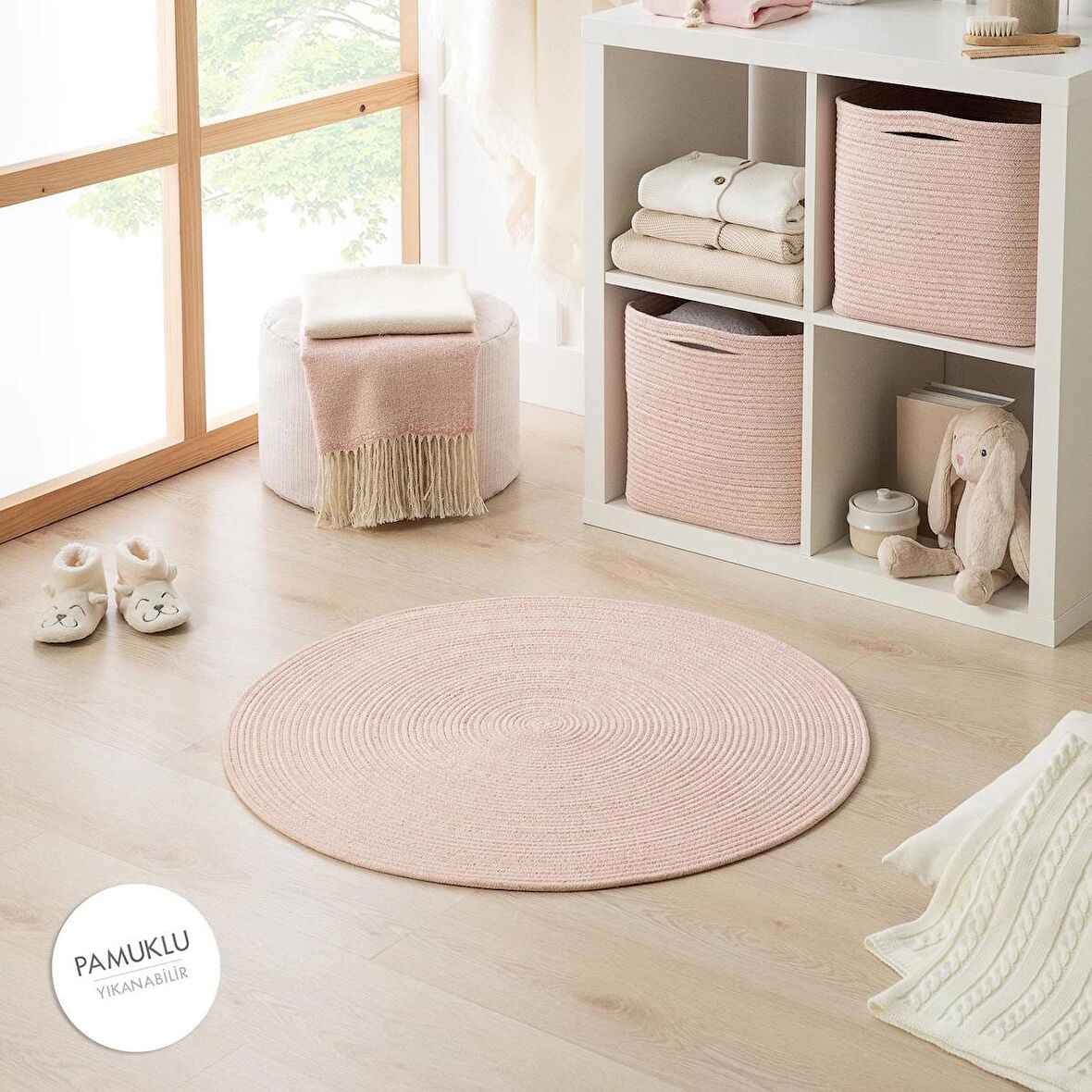 Ocean Home Yıkanabilir Pembe Kırçıllı Pamuklu Halı Kilim 80 cm çap