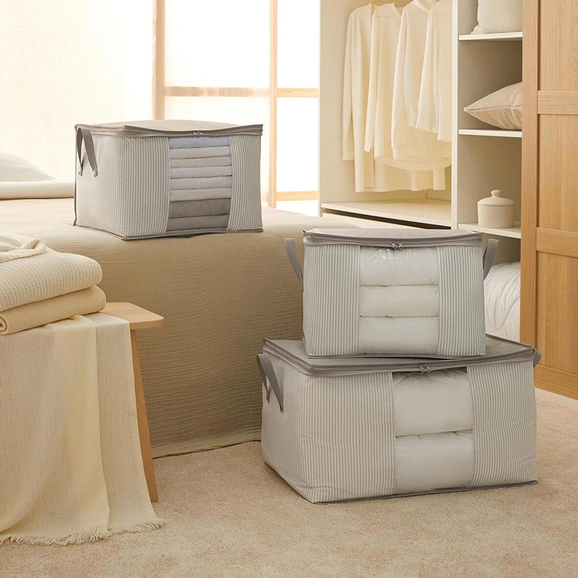 Ocean Home 3'lü Pvc Pencereli Stuff&Things Gri Çizgili Hurç Set 
