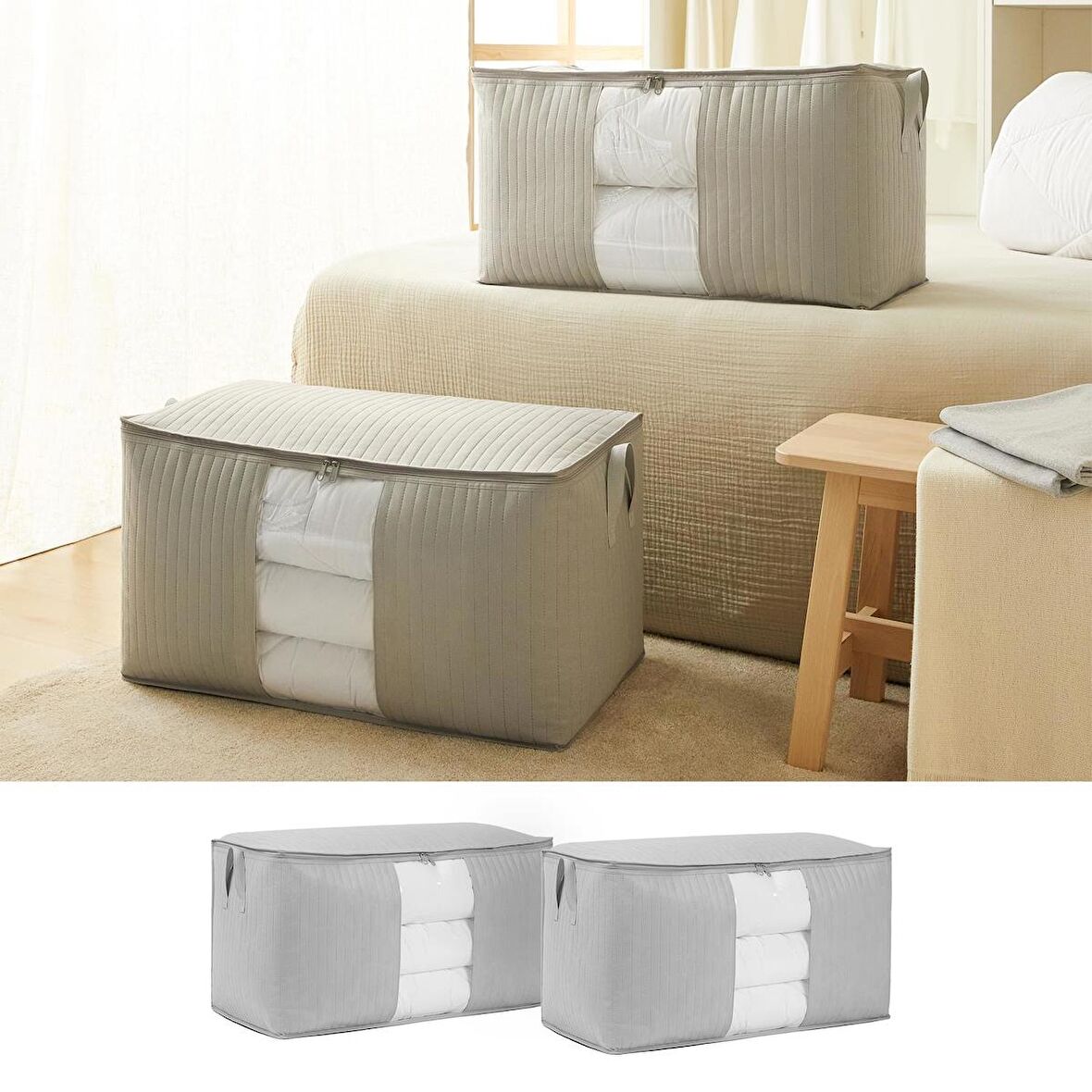 2'li Mega Boy Pvc Pencereli Gri Renk Kapitone Hurç Set 75 x 40 x 40 cm