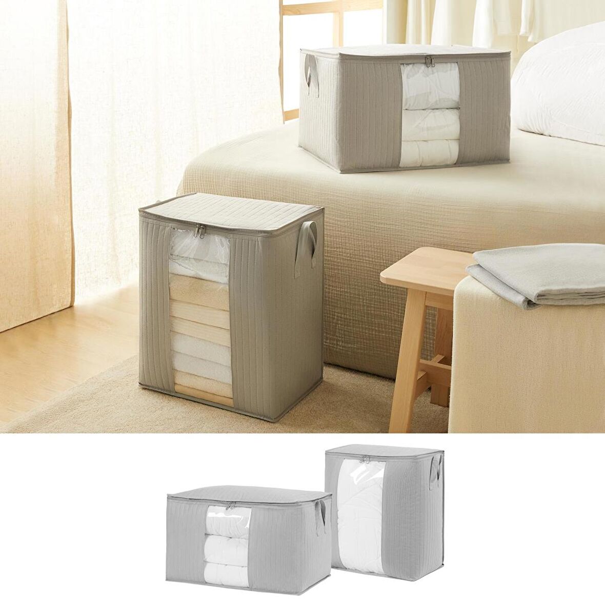 2'li Pvc Pencereli Gri Renk Kapitone Hurç Set 1 Adet 45 x 30 x 50 / 1 Adet 60 x 43 x 35 cm