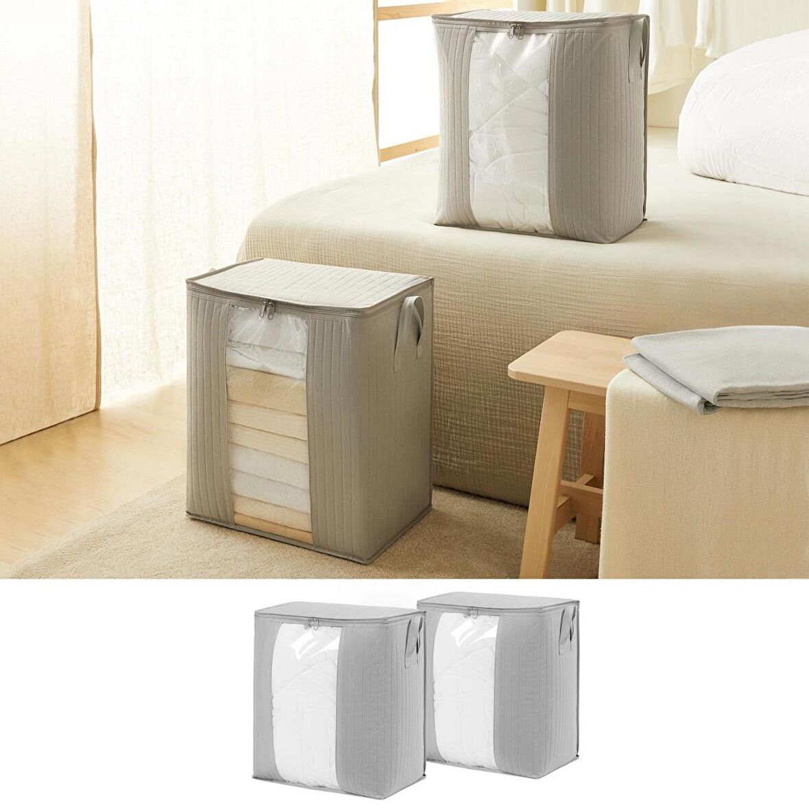 2'li Pvc Pencereli Gri Renk Kapitone Hurç Set 45 x 30 x 50 cm