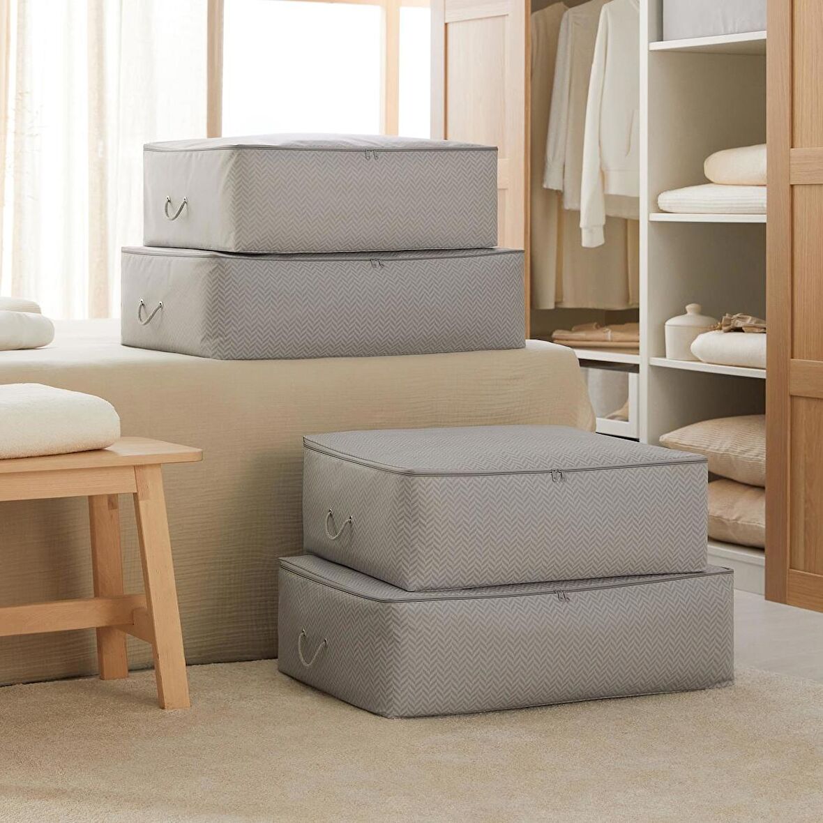 4'lü Gri Balıksırtı Baza Altı Hurç Set 2 Adet 62 x 46 x 22 / 2 Adet 74 x 46 x 22 cm