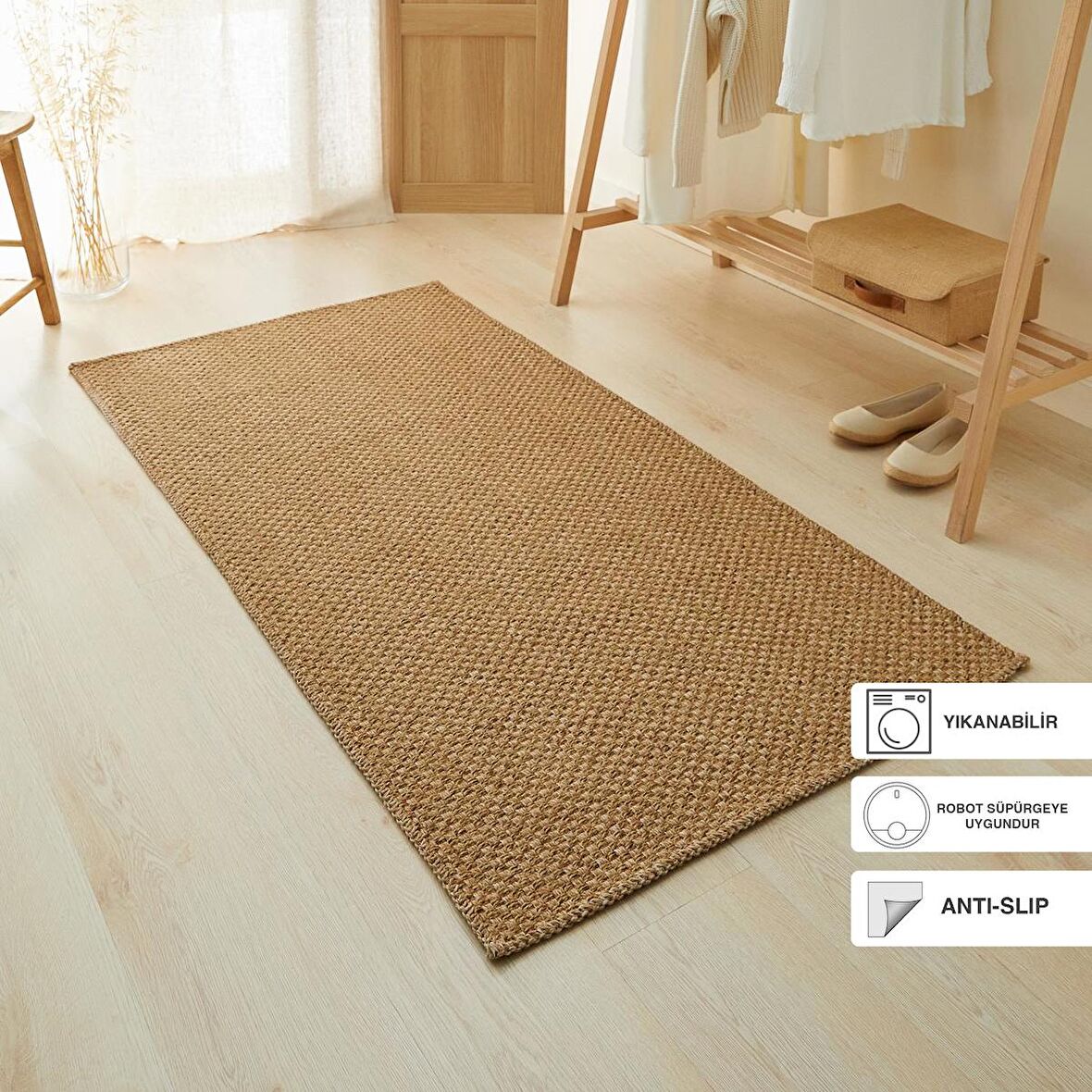 Ocean Home Textile Yıkanabilir Jüt Görünümlü Naturel Renk Hasır Desenli Halı Kilim 80 x 150 cm
