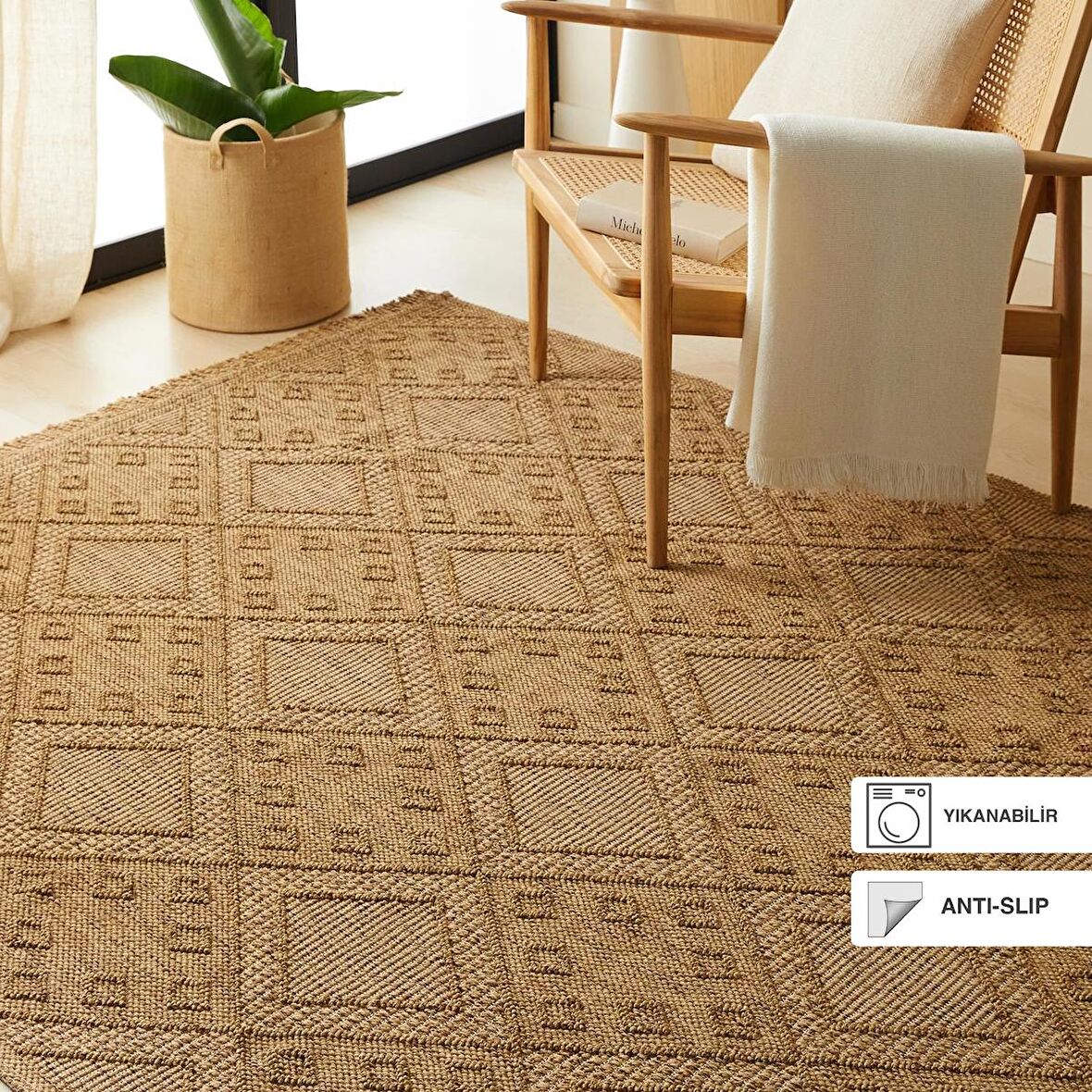Ocean Home Textile Yıkanabilir Saçaklı Jüt Görünümlü Naturel Renk Karo Desenli Halı Kilim 160 x 230 cm