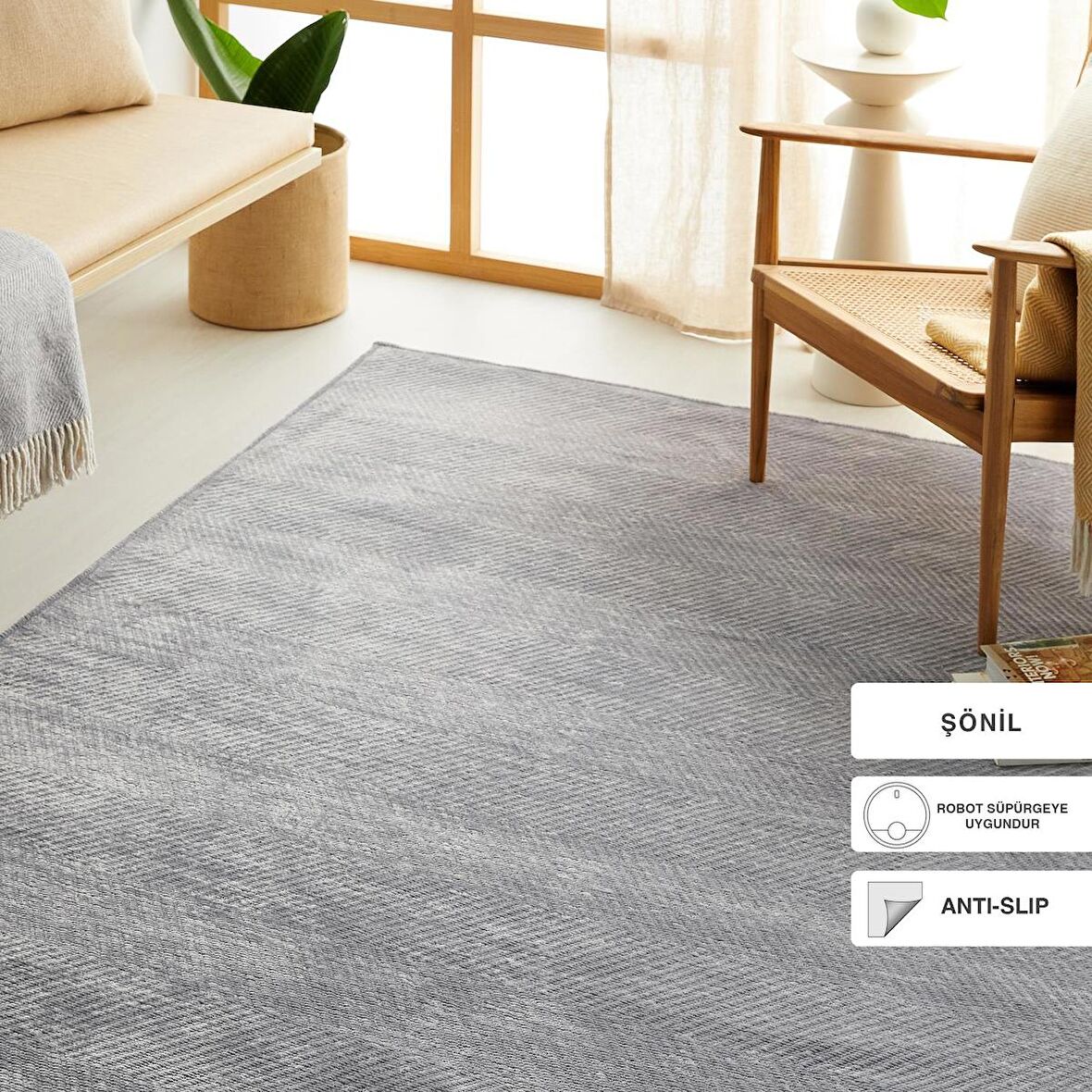 Ocean Home Textile Gri Renk Balıksırtı Şönil Halı Kilim 160 x 230 cm