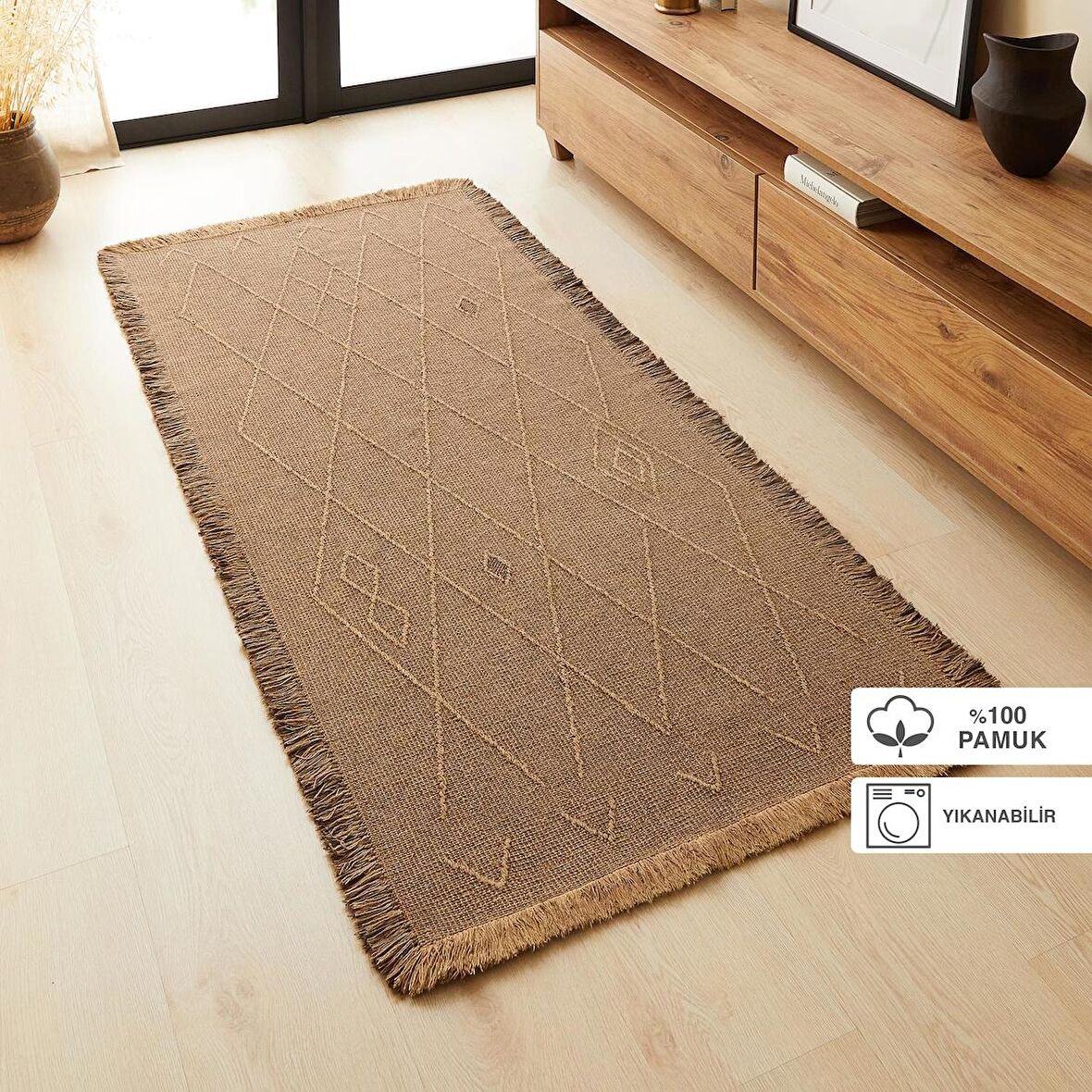 Yıkanabilir Saçaklı Kahve Renk Pamuklu Halı Kilim 70 x 160 cm