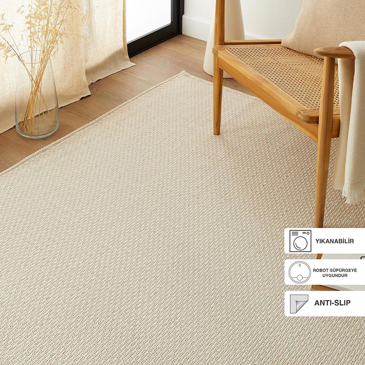 Ocean Home Textile Yıkanabilir Jüt Görünümlü Krem Renk Hasır Desenli Halı Kilim 120 x 180 cm