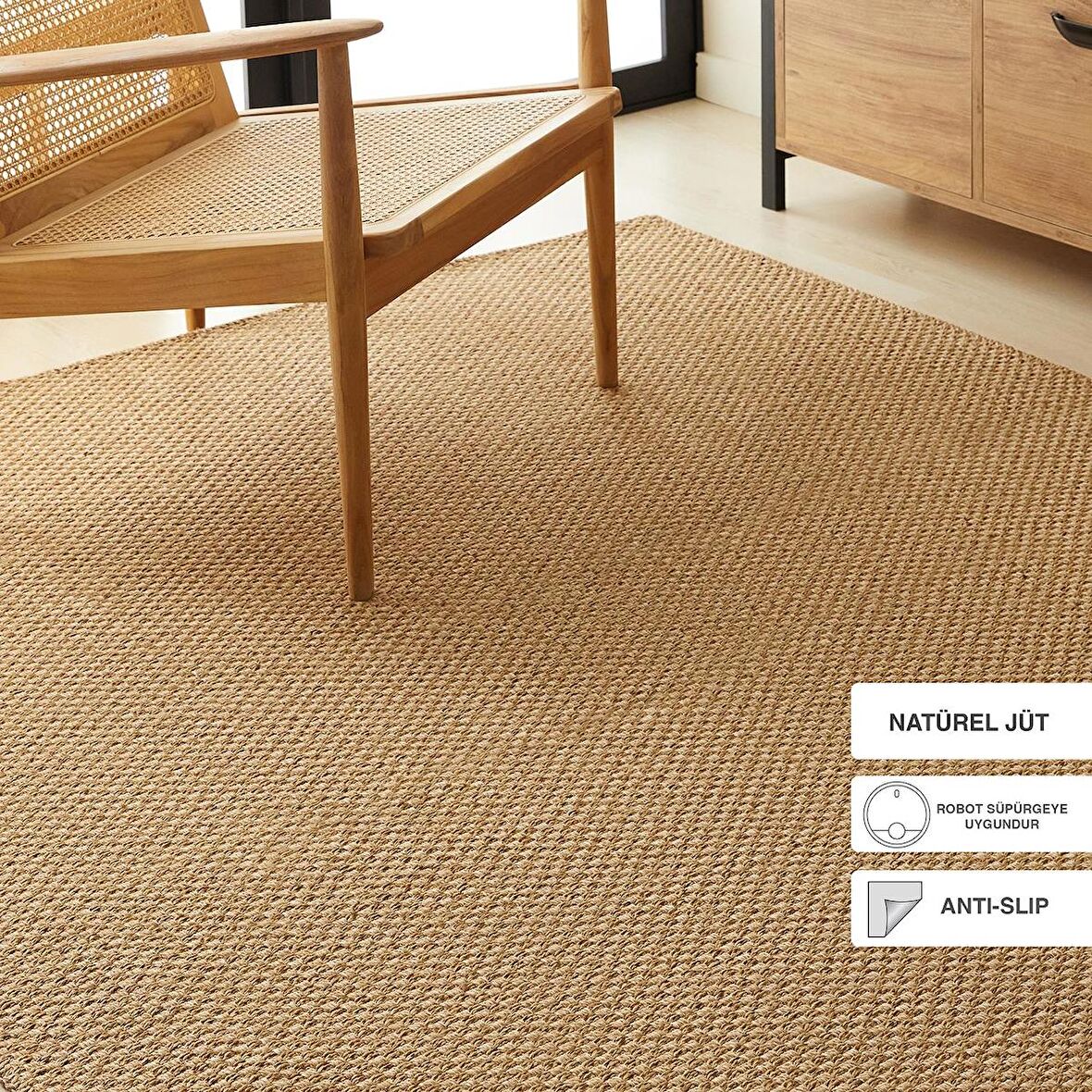 Ocean Home Textile Yıkanabilir Jüt Görünümlü Naturel Renk Hasır Desenli Halı Kilim 200 x 290 cm